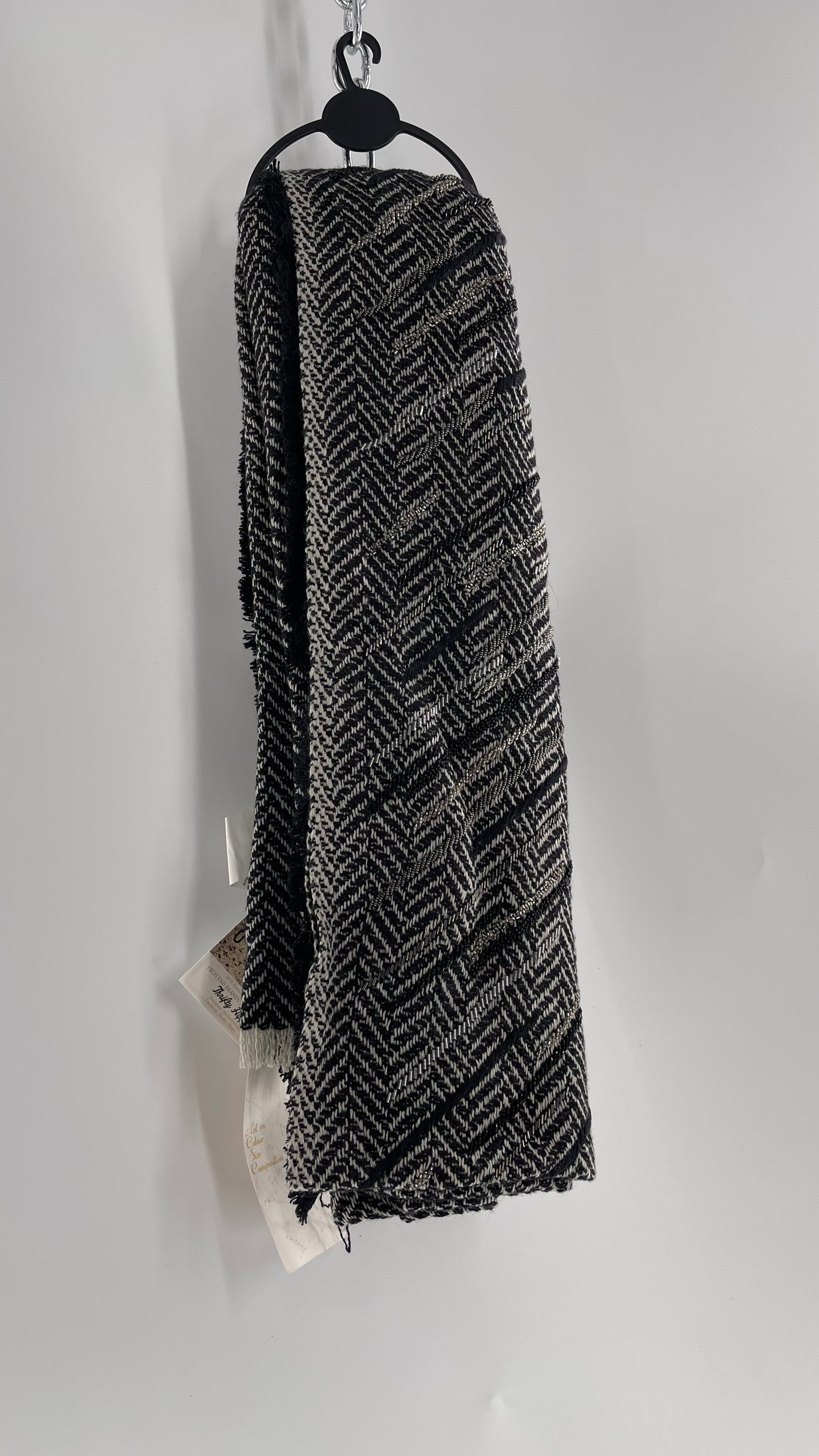 Anthropologie Pétanu Black and White 50% Cashmere 50% Silk Beaded Embellished Scarf with Tags Attached