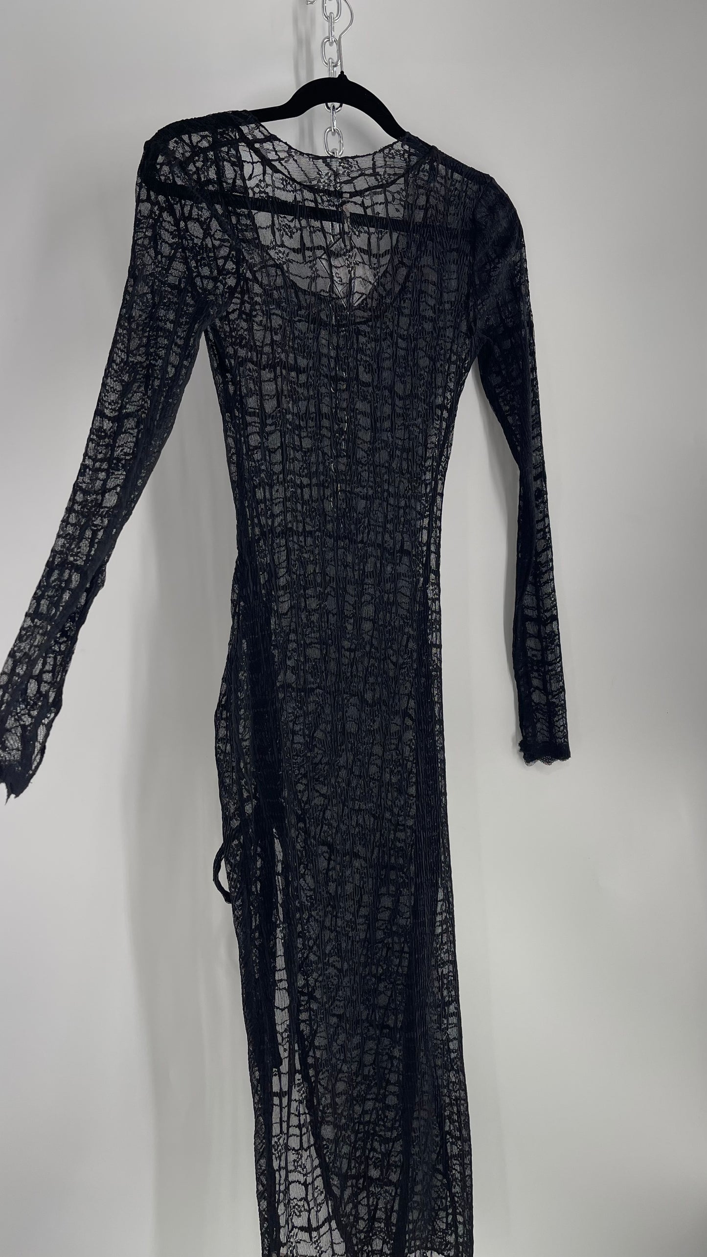 Free People Sabina Black Sheer Crimped Lace Long Sleeve Maxi with Ruched Slit (XS)