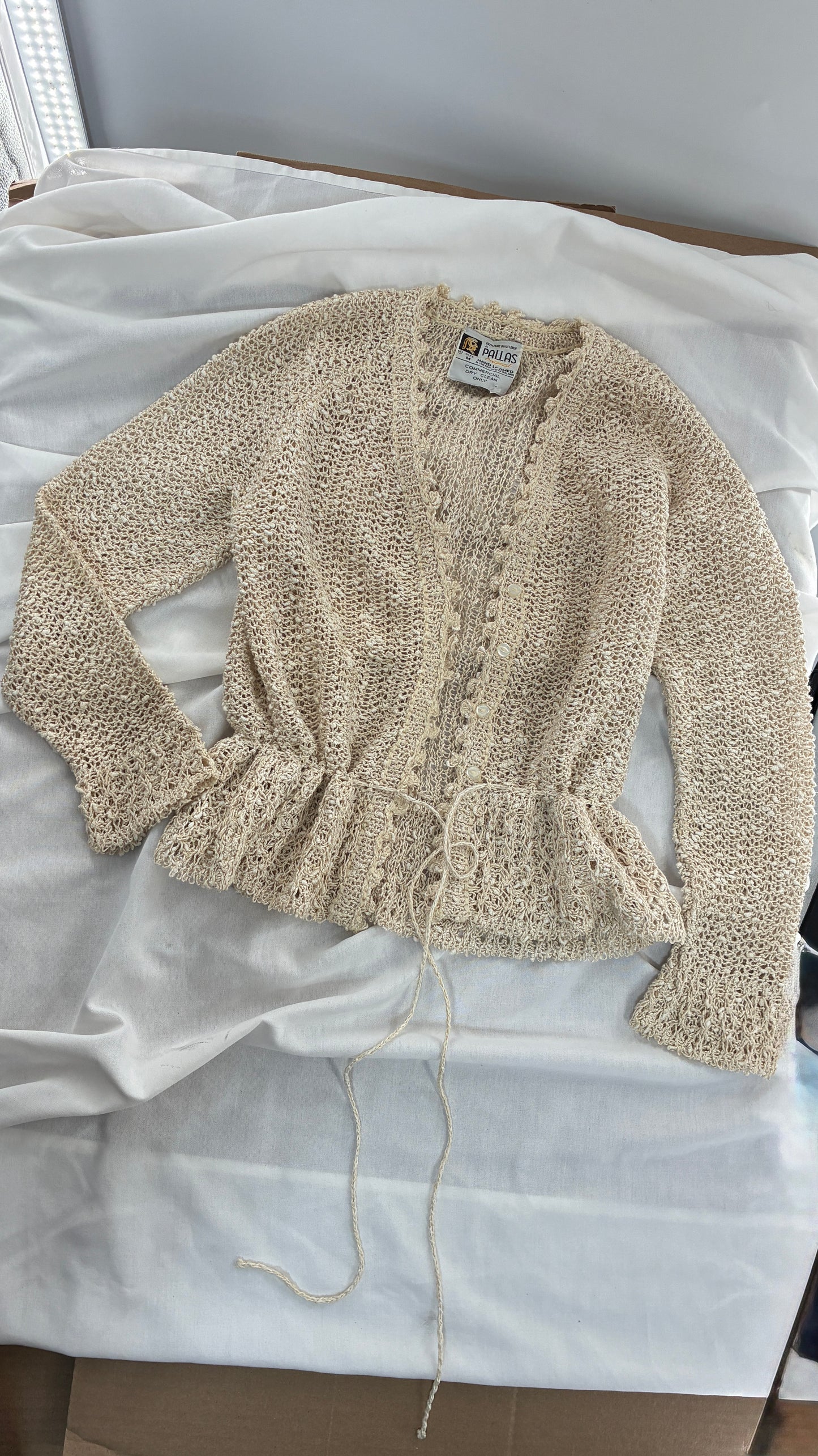 Vintage 1970s PALLAS 100% Pure Irish Linen Hand Loomed Cinched Cardigan (Medium)