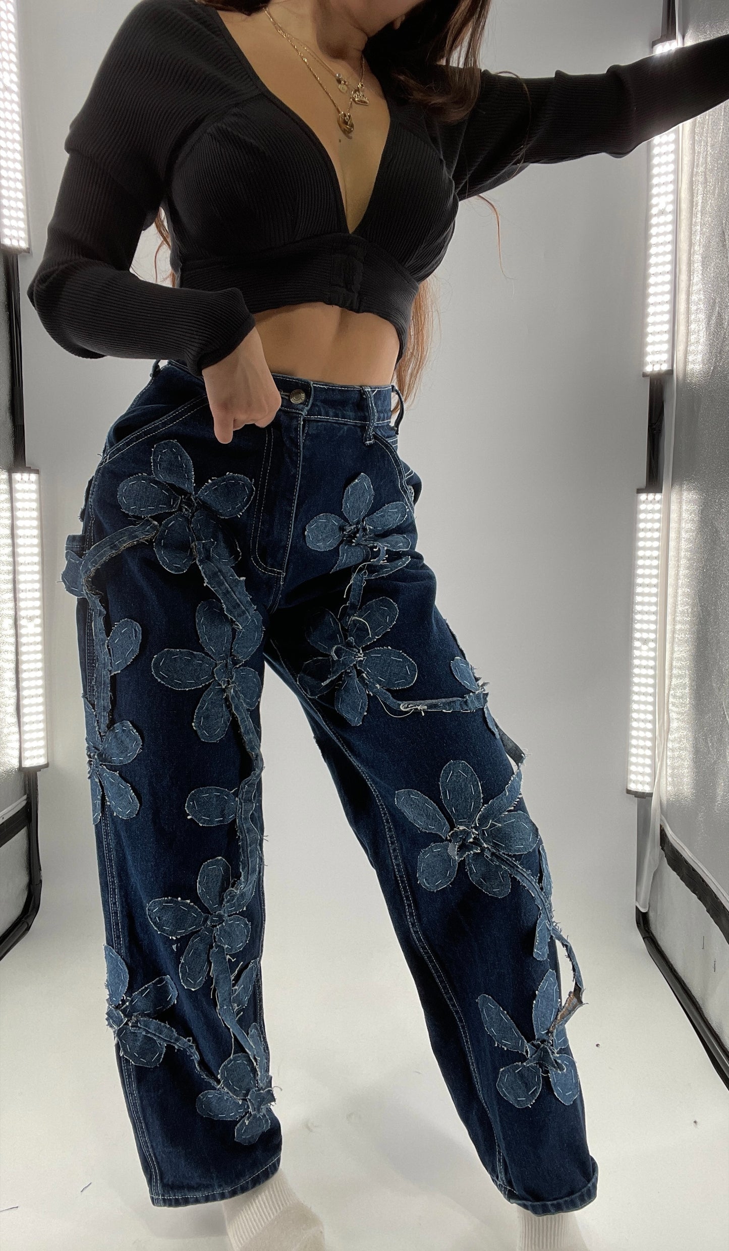 Handmade CUSTOM Dual Denim Tone Floral Vine Cargo Denims (S)