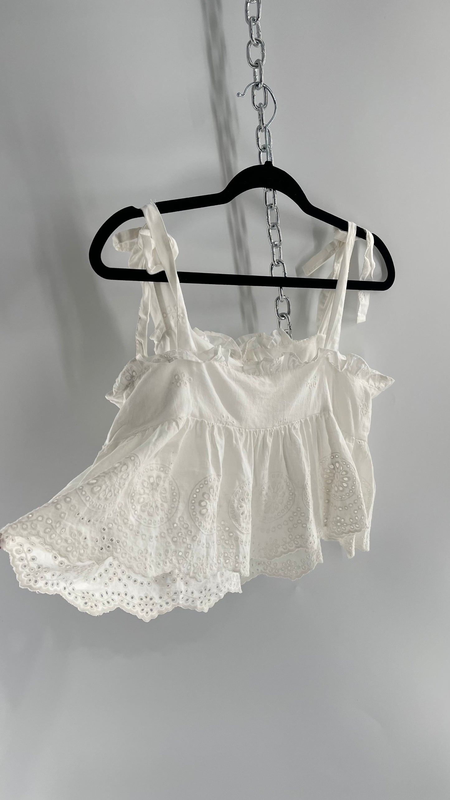 Urban Outfitters Eyelet Lace Hem Tank with Bow Shoulders (Large)