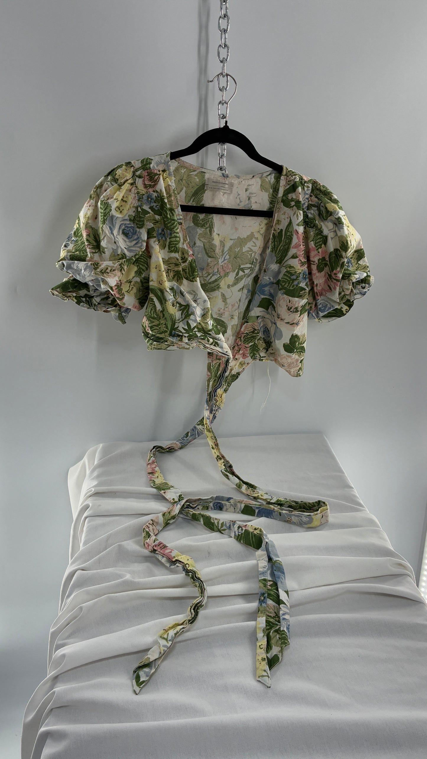Urban Outfitters Pastel Florals Tie Around Crop with Exaggerated Puff Sleeves  (Medium)