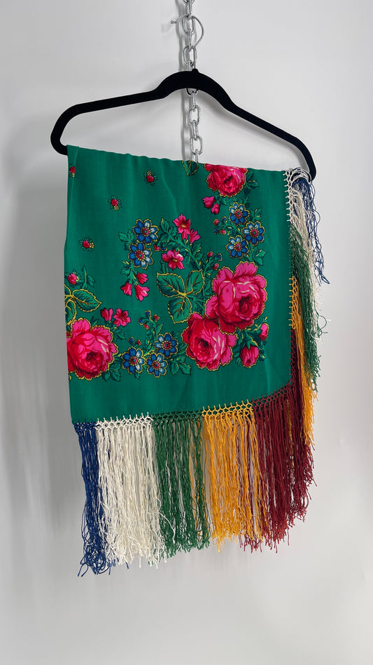 Vintage Shawl with Roses and Tassel Fringe