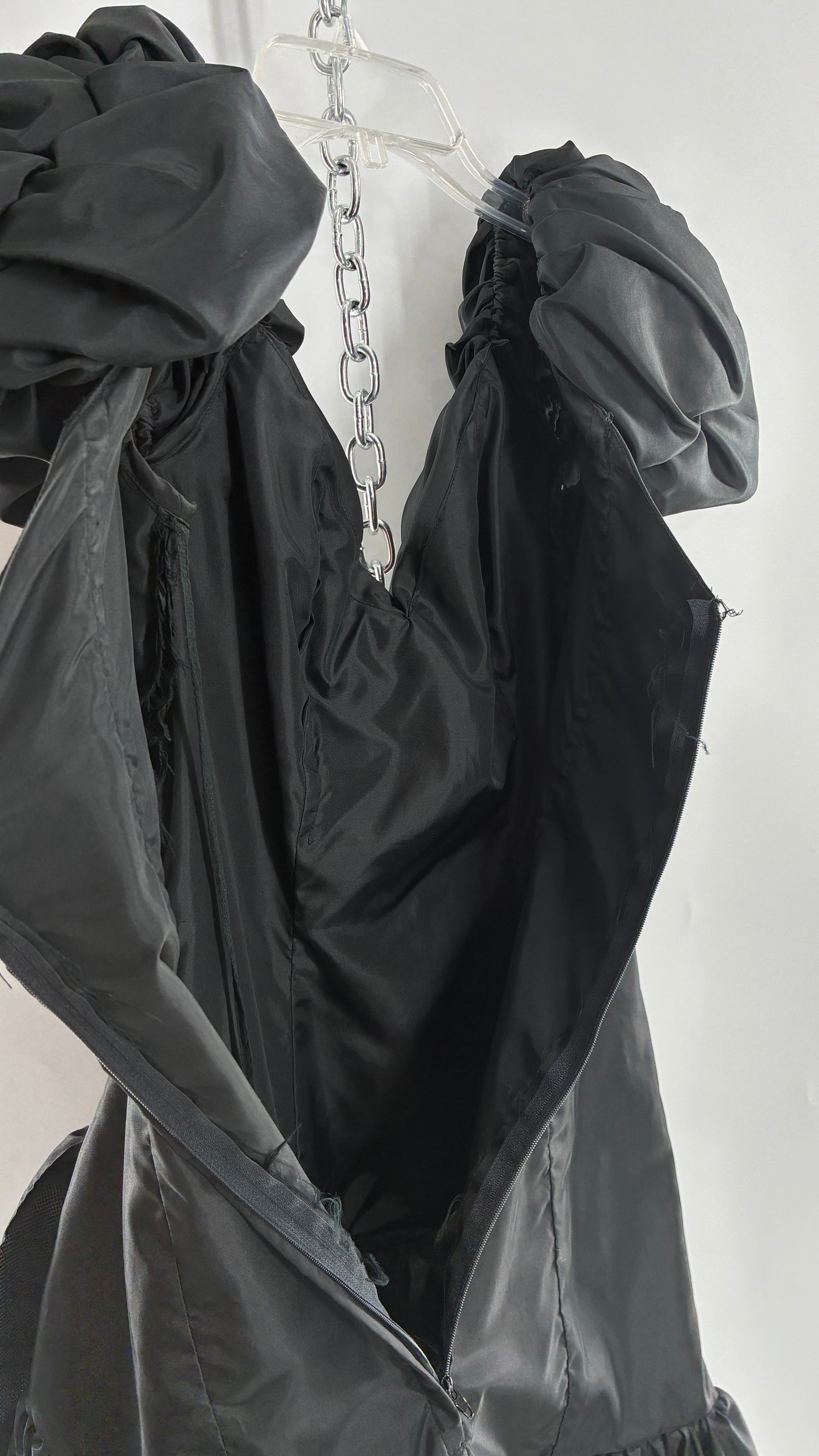 Vintage 1980s Black Gown with Ruched Bodice, Exaggerated Puff Sleeves, and Tiered Skirt (Measured)