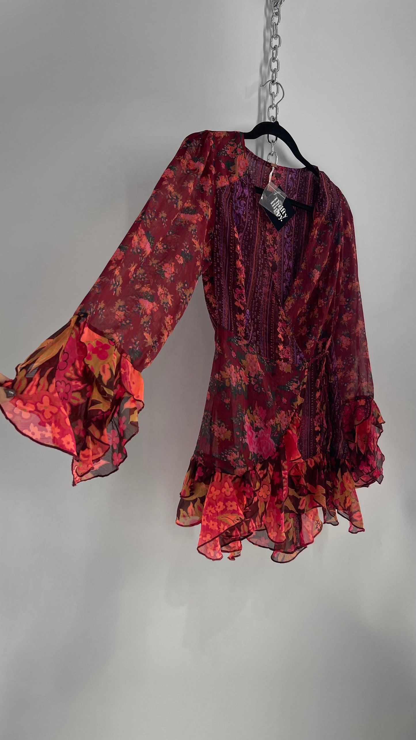 Free People Maroon/Burgundy Red Floral Tie Front Blouse with Ruffled Sleeves and Hem (Small)