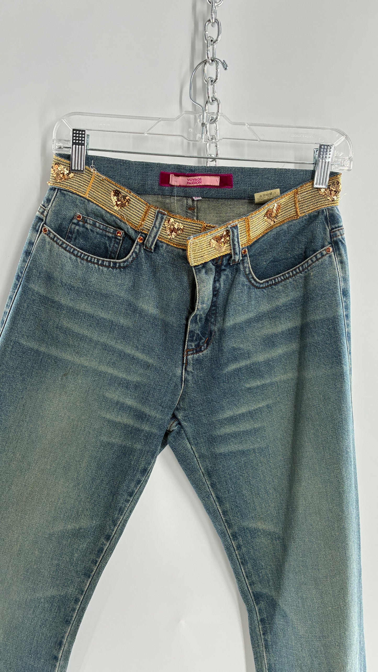 Vintage VOYAGE PASSION Kick Flare Light Wash Jeans with Heart Embroidered Bum and Gold Sequin Belt (28)