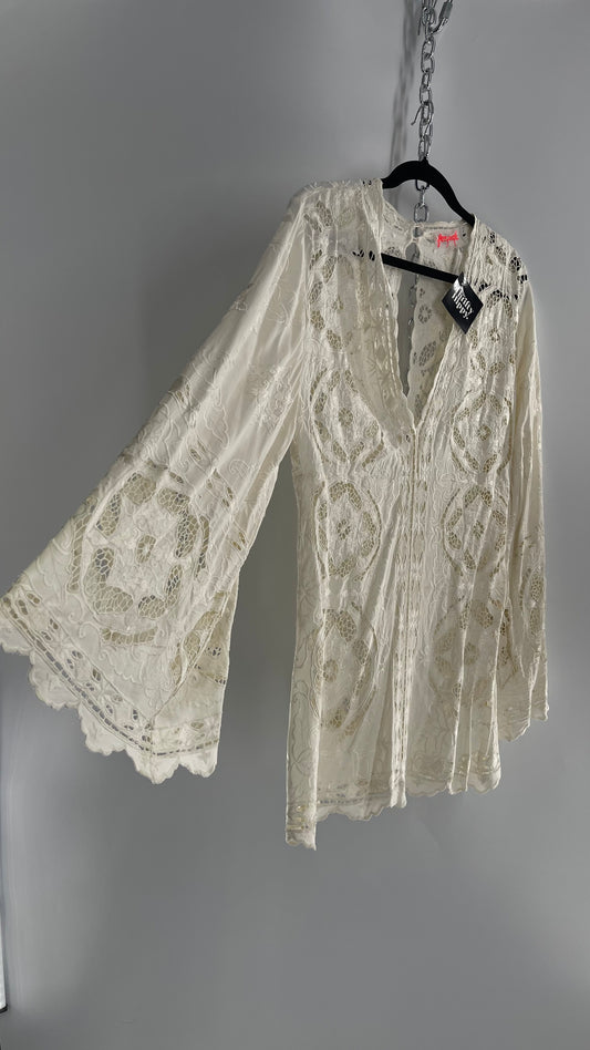 Free People Cream Lace Mini Dress (Small)