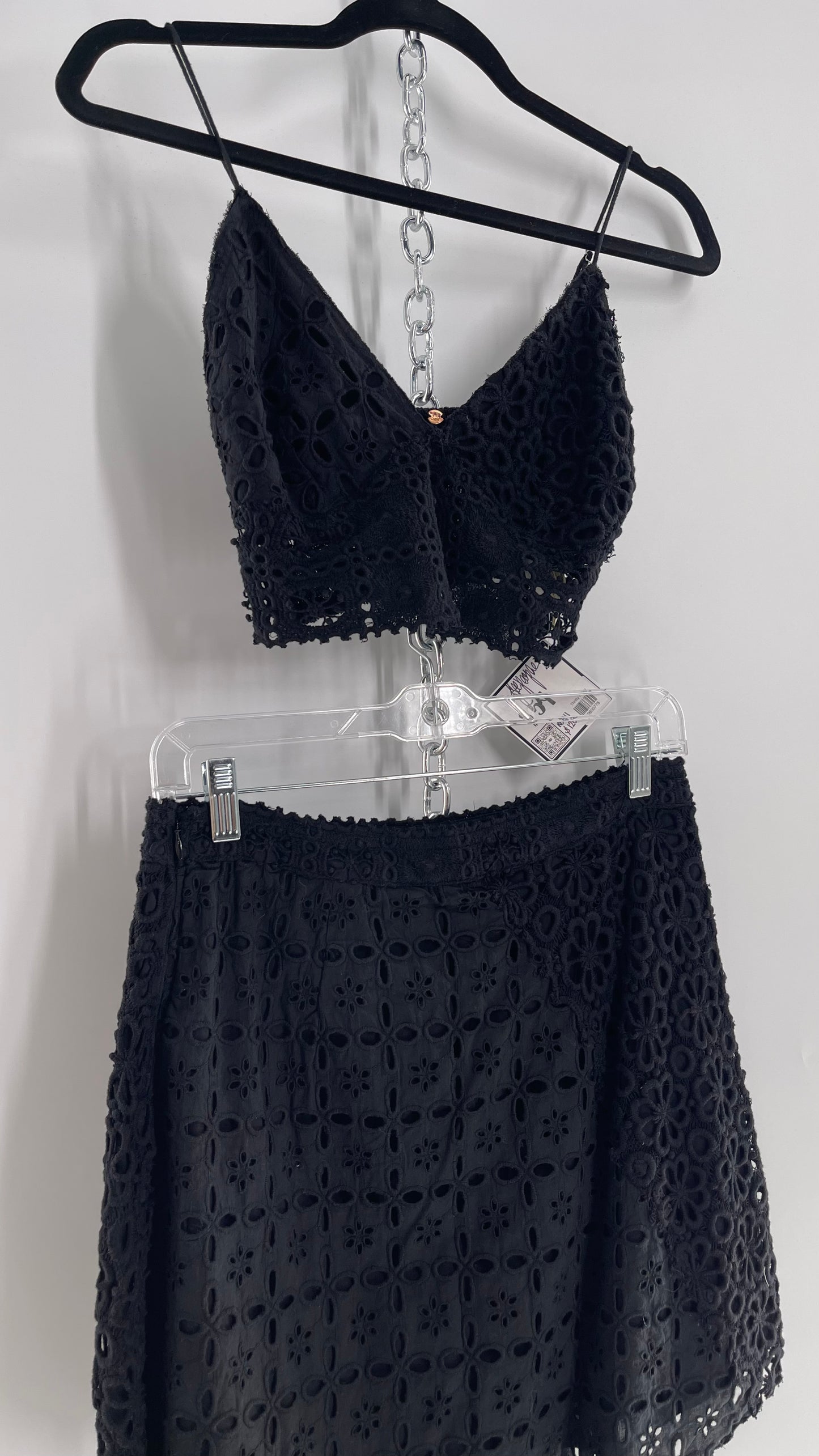 Free People Black Eyelet Lace Mini Skirt and Bustier Set (6)