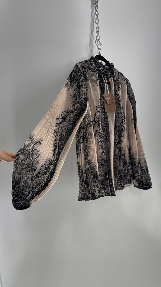 Forever that Girl Brocade Black and Dusk Pleated/Fluted Blouse with Tags Attached (Medium)