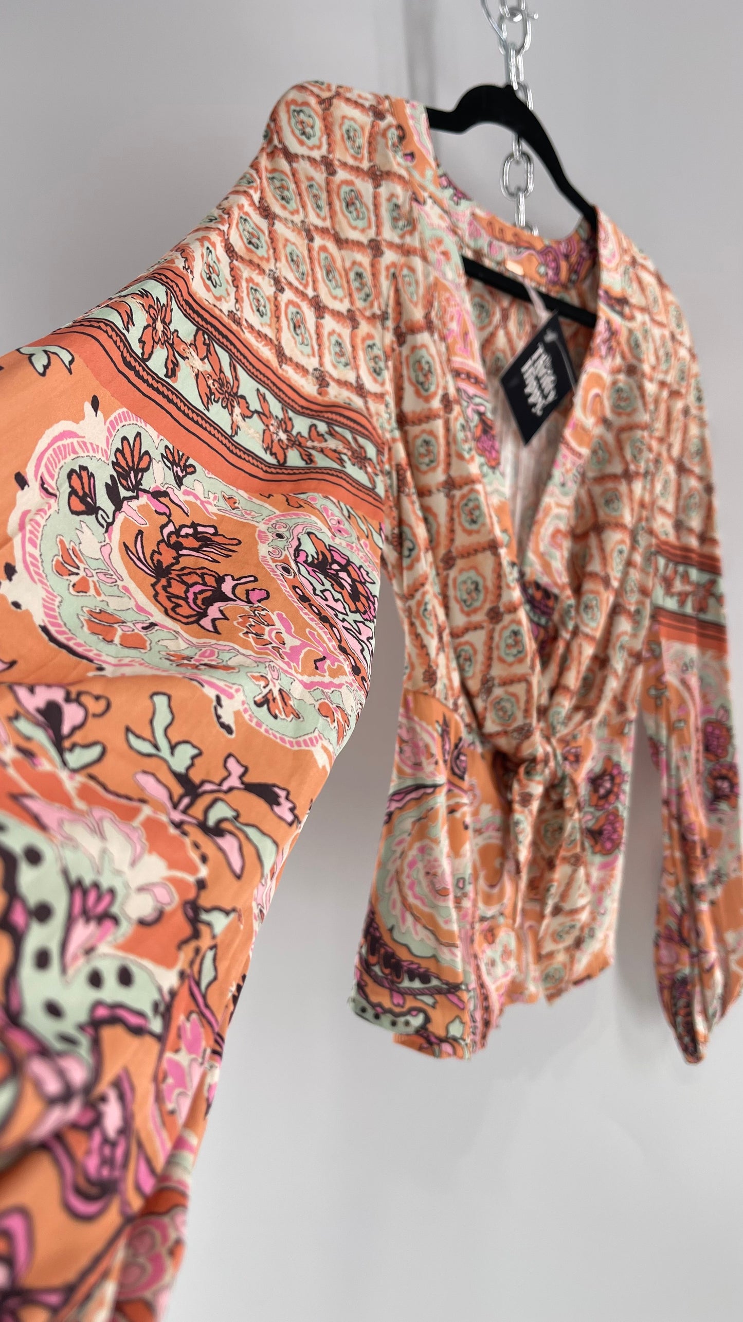 Free People Orange Pastels Paisley Blouse with Bust Tie and Balloon Sleeves (XS)