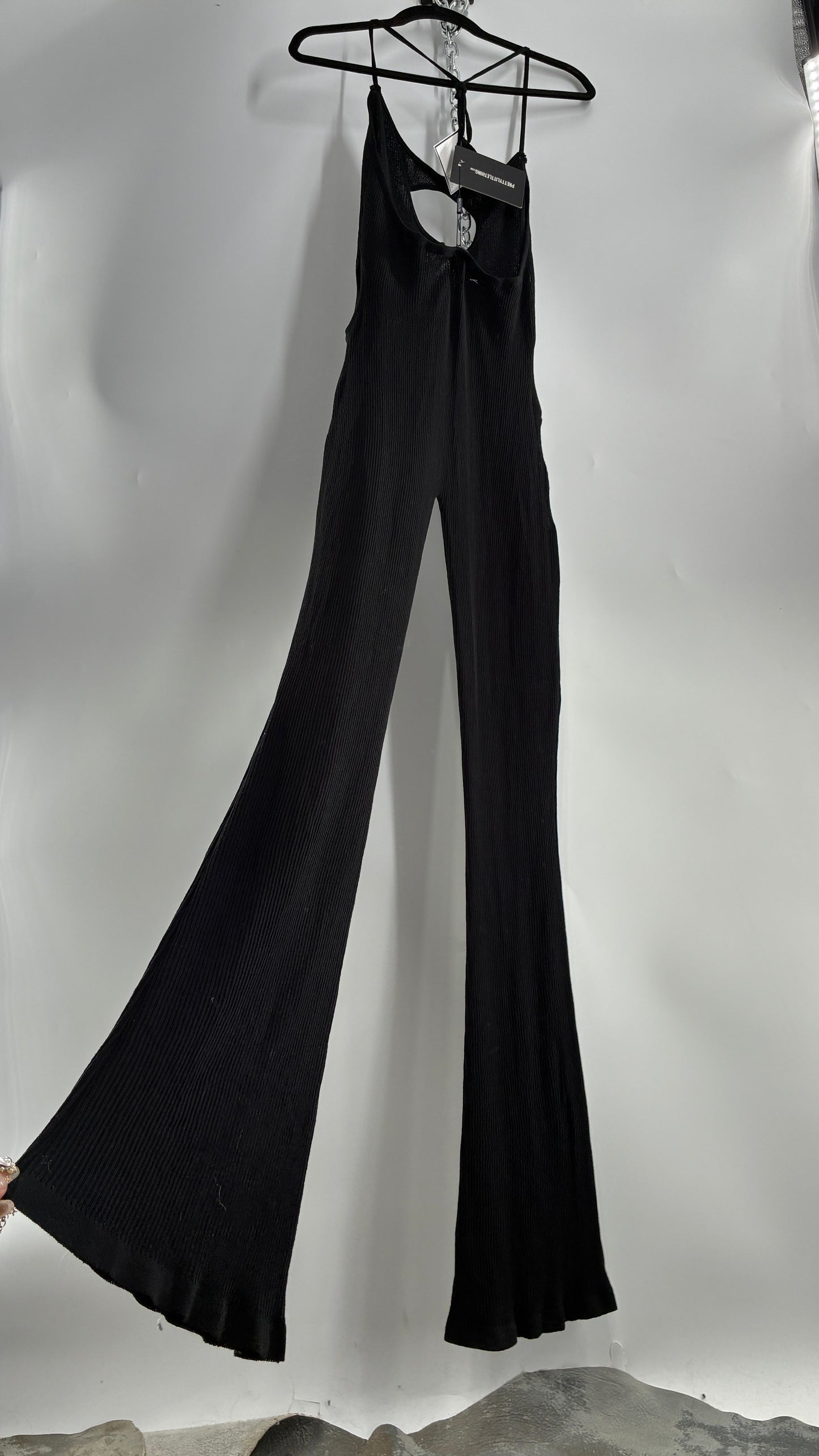Pretty Little Thing Black Sheer Knit Cut Out Halter Neck Jumpsuit with Tags (Large)