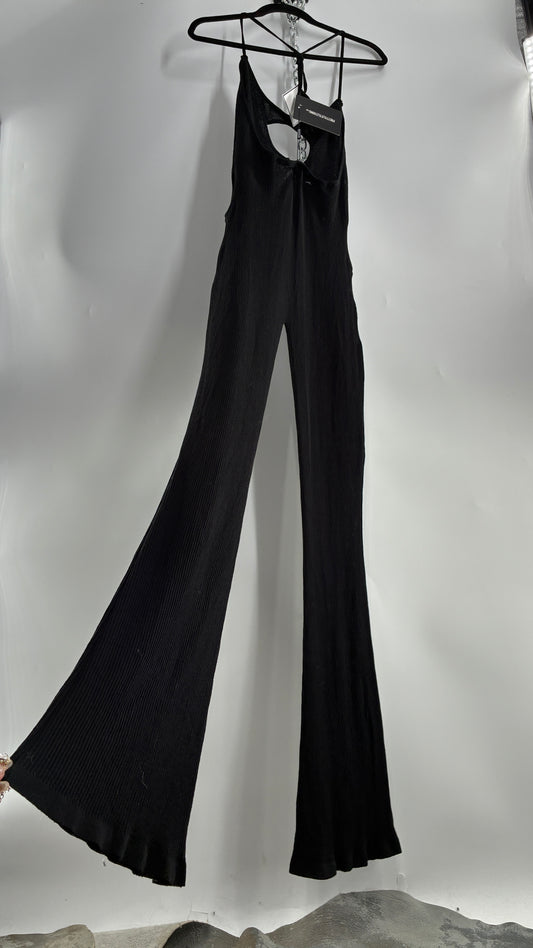 Pretty Little Thing Black Sheer Knit Cut Out Halter Neck Jumpsuit with Tags (Large)