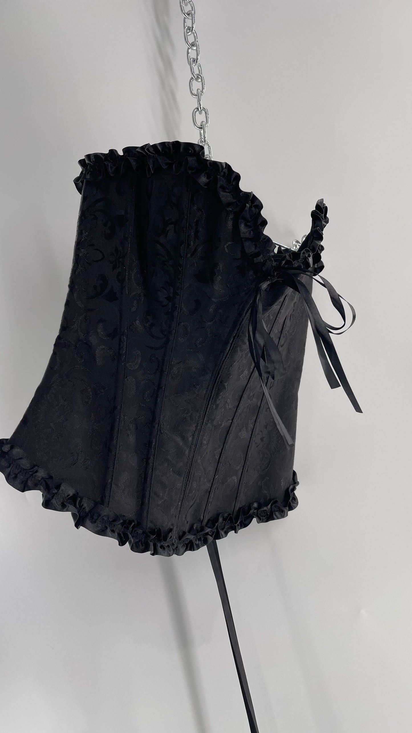 Adore Me Black Brocade Lace Back Ruffle Ribbon Trim (S/M)