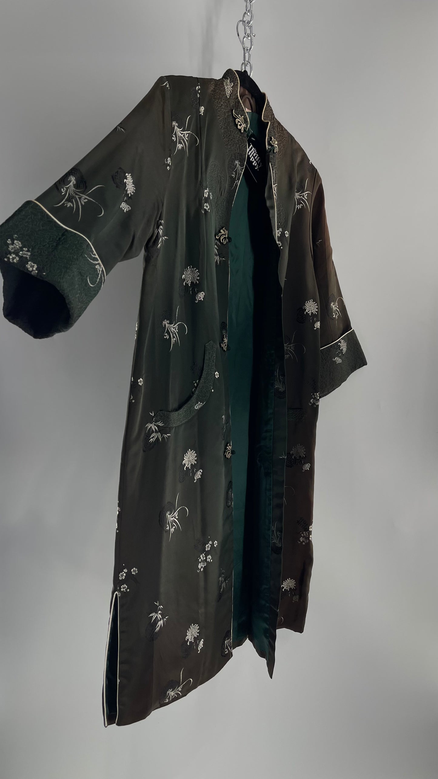 Vintage Hong Kong, Hand Made, Dark Green Silk Kimono Coat/Smoking Jacket (38)