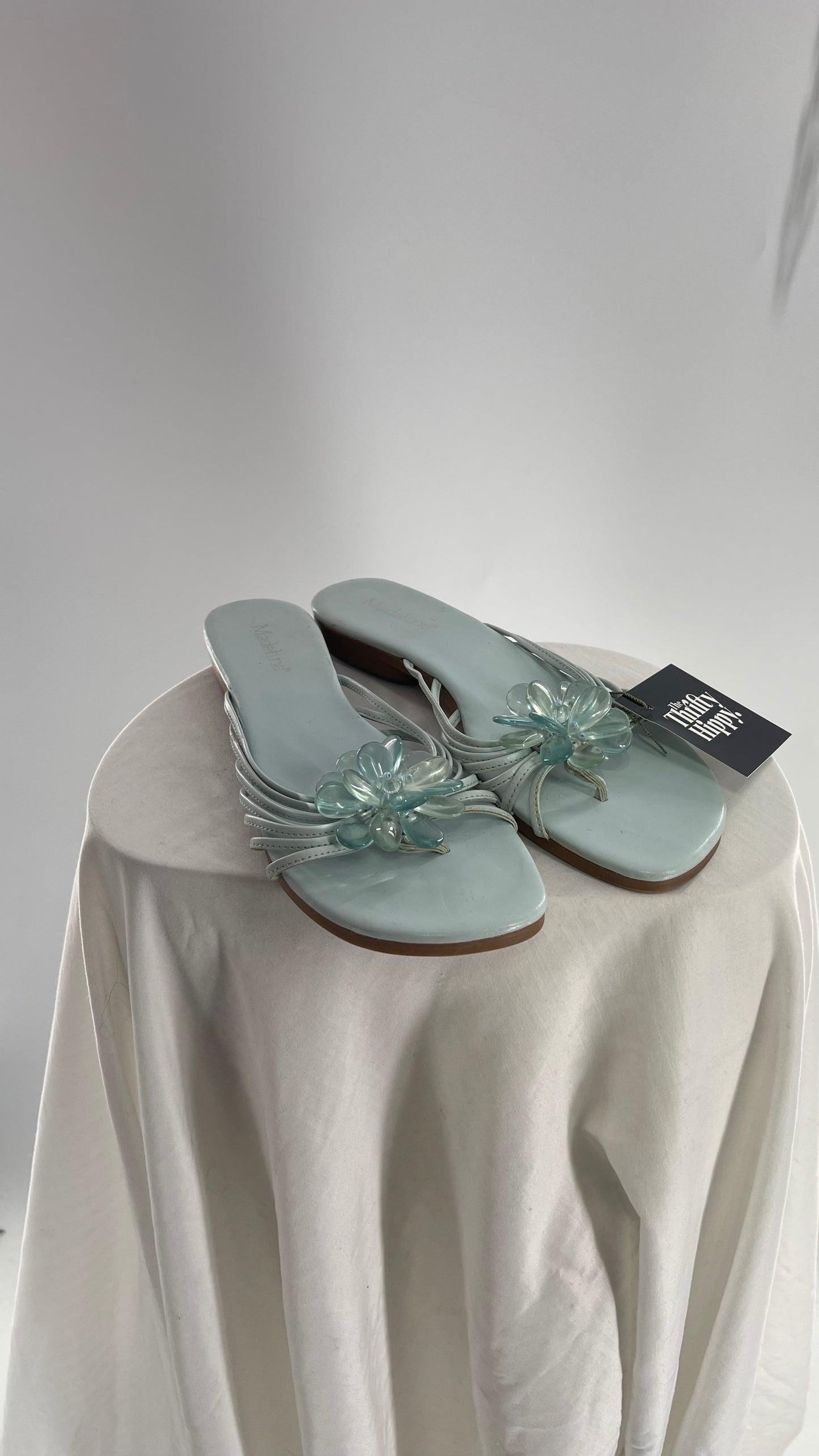 Vintage Baby Blue Slip On Sandals with Beaded Flower (8)