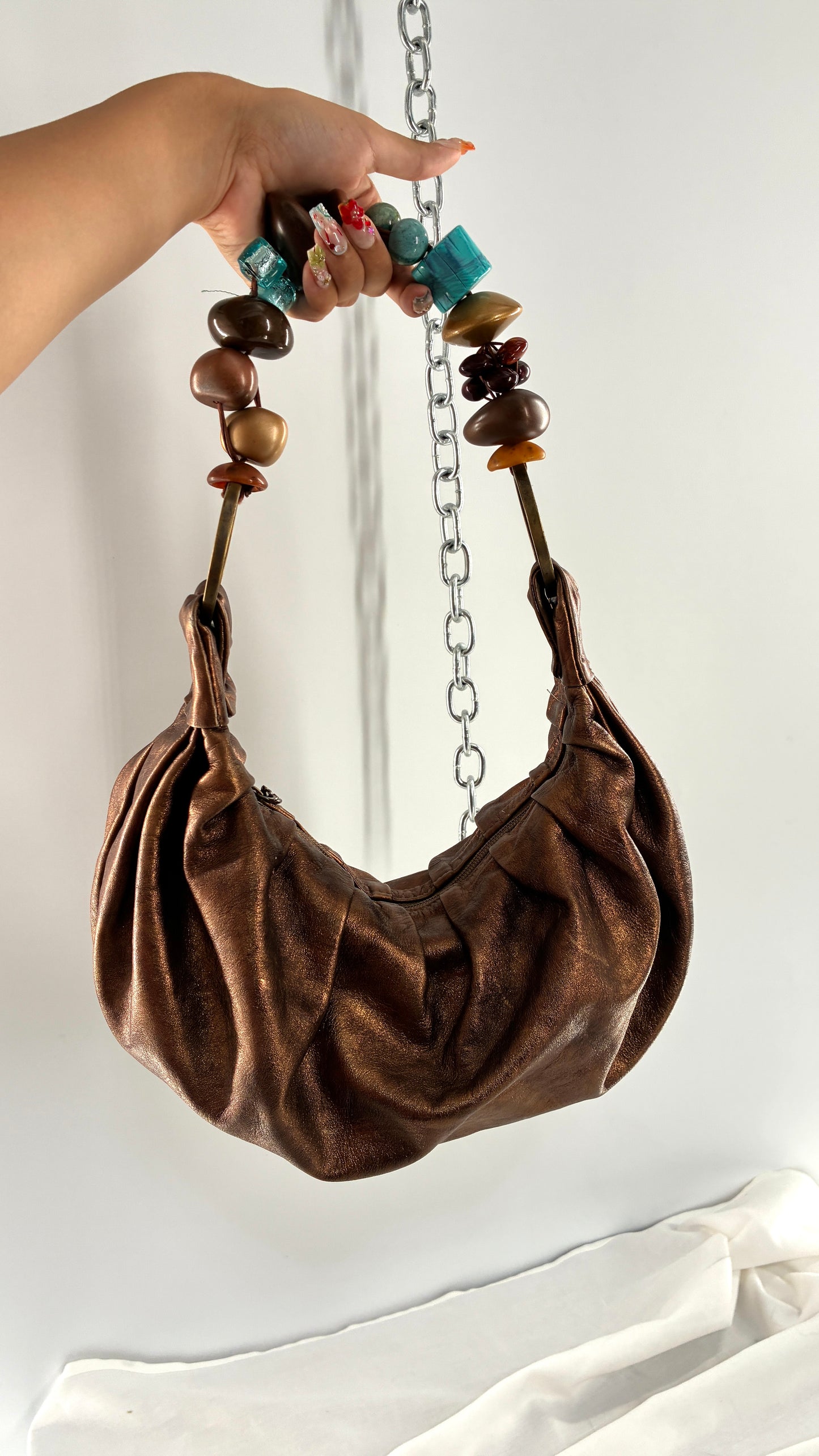 Vintage KARKABA  Metallic Bronze Leather Bag with Exaggerated Beaded Handles