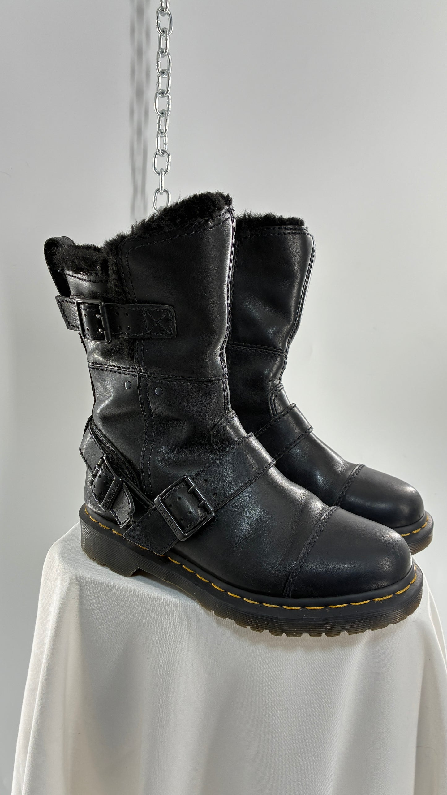 RARE Vintage Dr. Marten Kristy Mid Calf Faux Fur Black Leather Boots (8L)