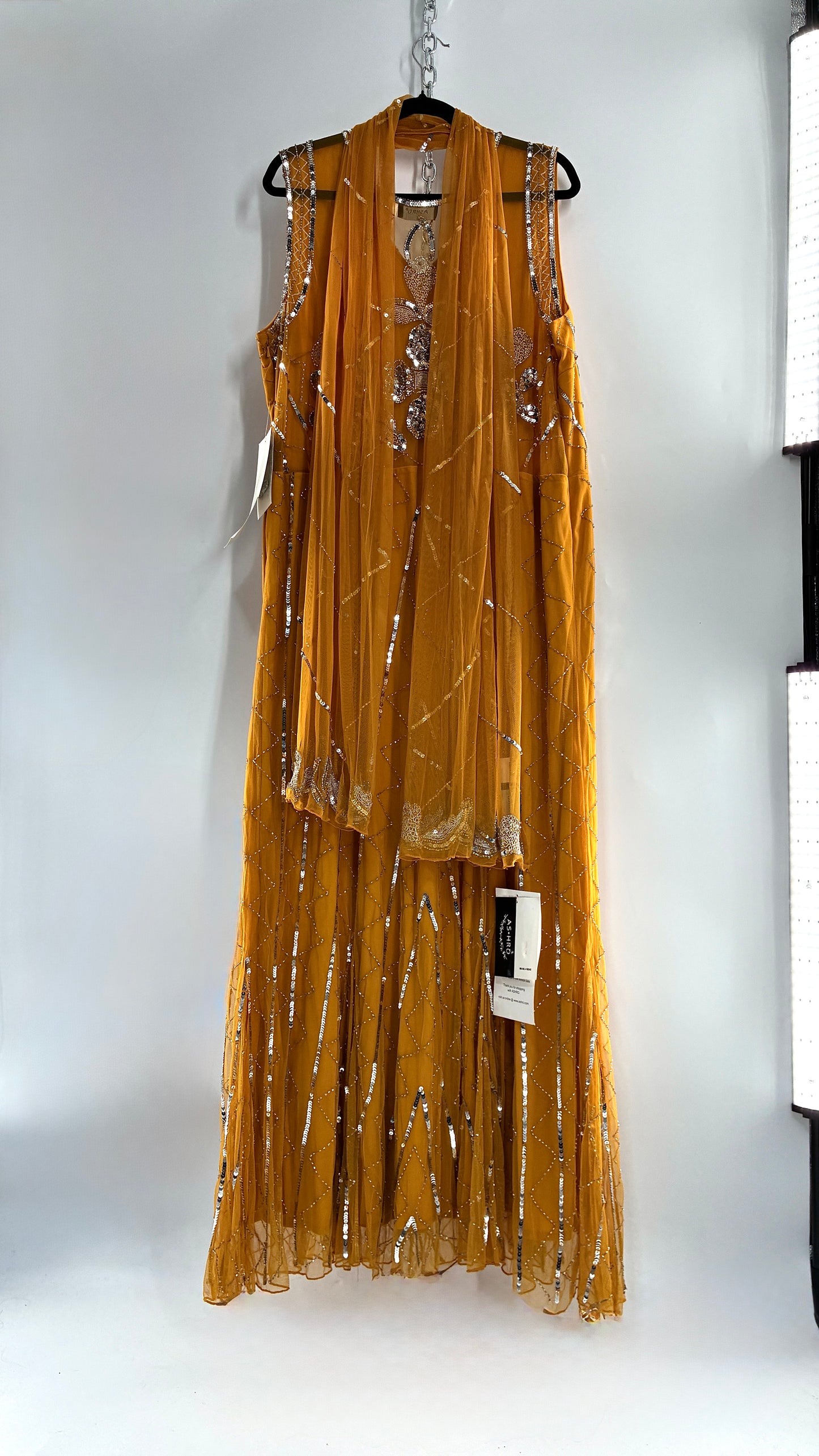 Deadstock Vintage ASHRO 1990s Mustard Yellow Dress with Sheer Back, Neck Scarf and Silver Beading (XXL)