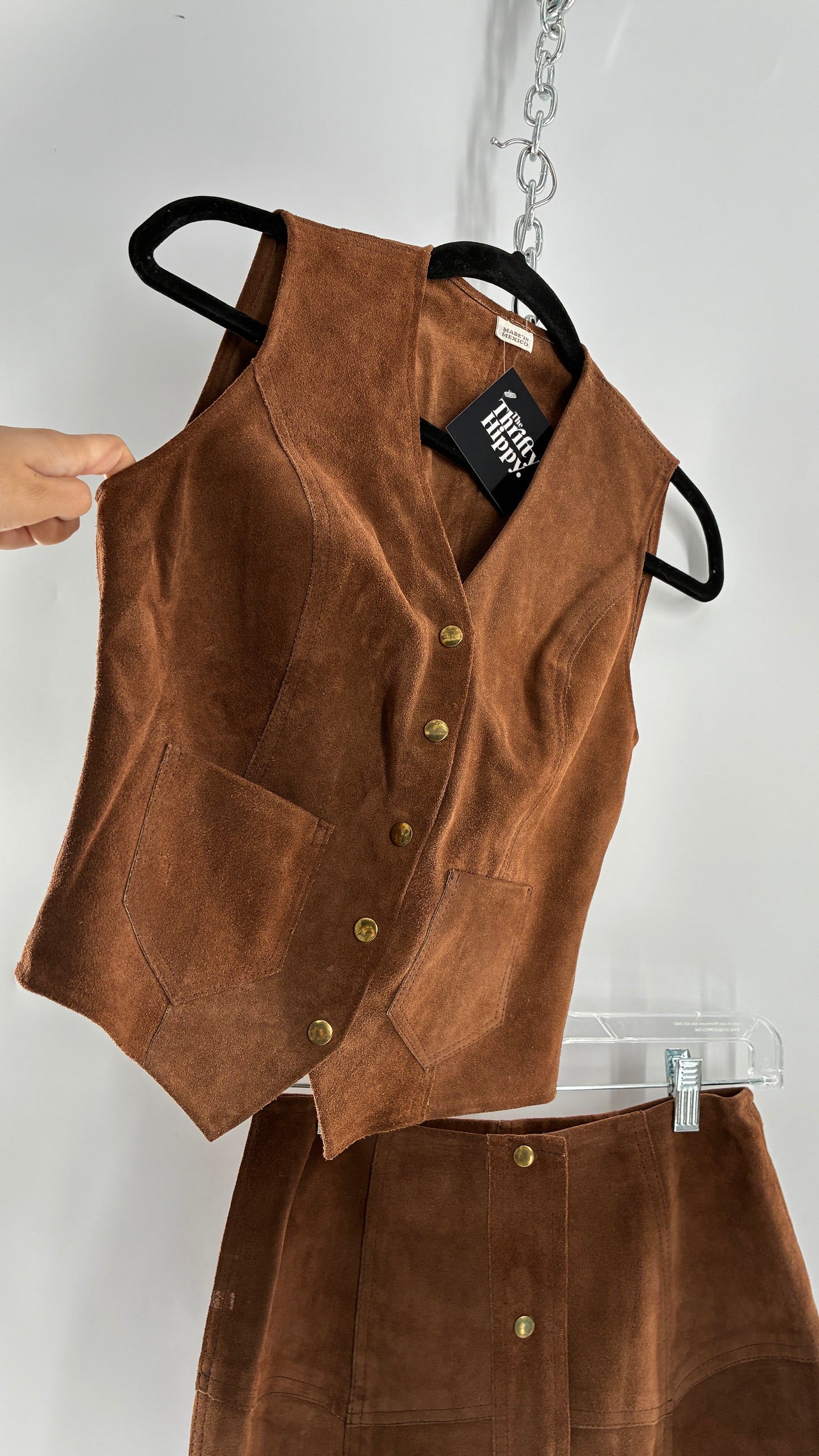 Vintage 1970s Genuine Suede Brown Leather Button Front Skirt and Vest Made in Mexico (XS/S)