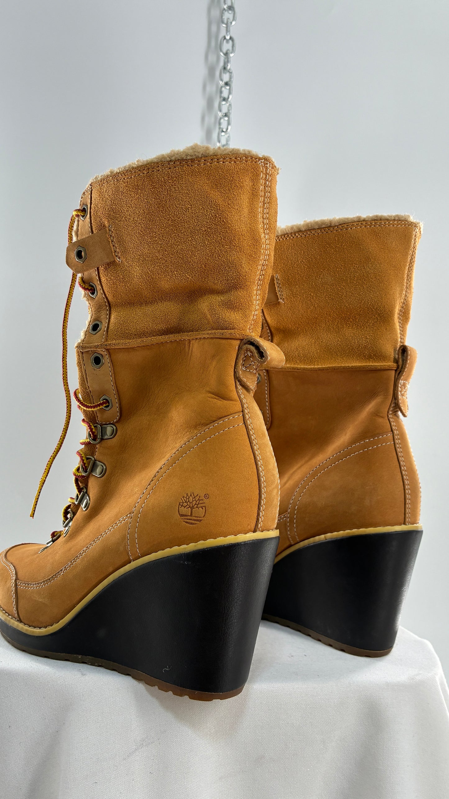 Vintage TIMBERLAND Wedge Boots Suede Leather Tie Up Heels (7.5)