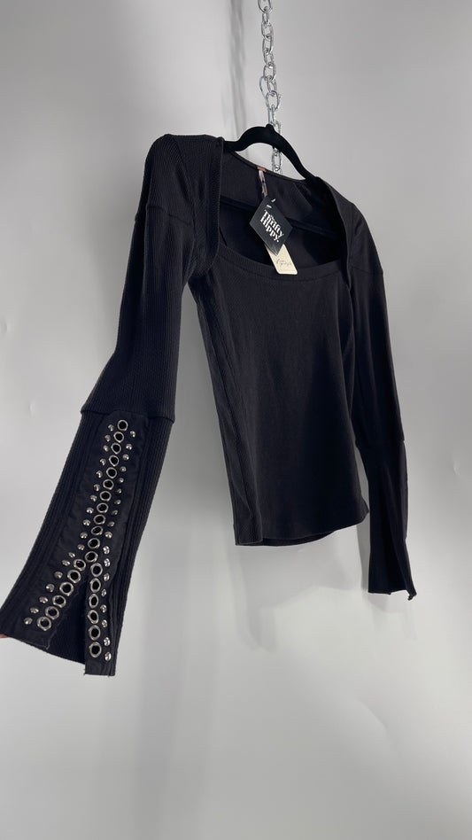 Free People Black Henley with Grommet and Studding Sleeve Cuff Tags Attached (XS)