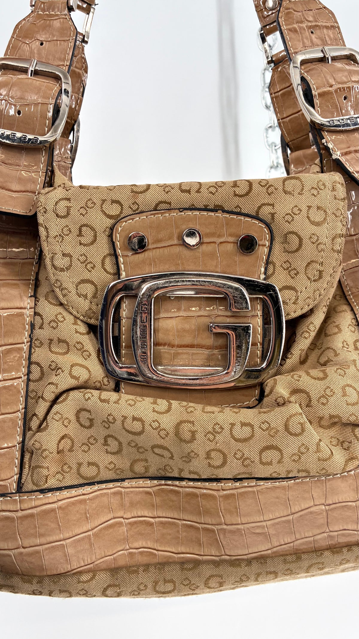 Vintage Guess Tan Monogram Shoulder Bag With Croc-Embossed Trim
