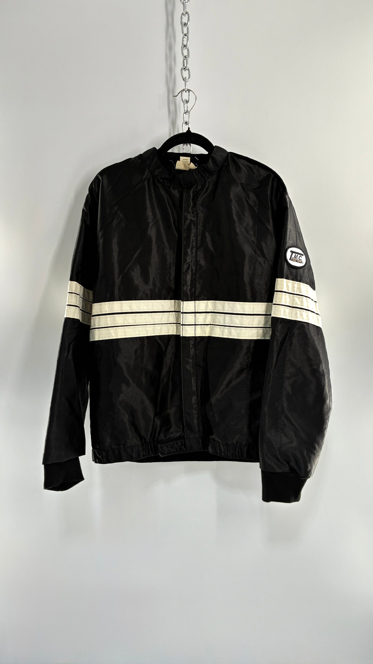 Vintage TMC RACING Black Jacket with White Striped Detailing (Large)
