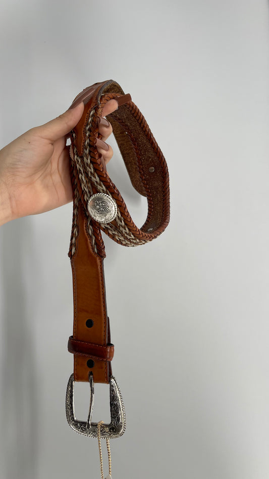 Vintage Tony Lama Genuine Leather Horse Hair Western Braided Belt With Silver Embellishments (34)