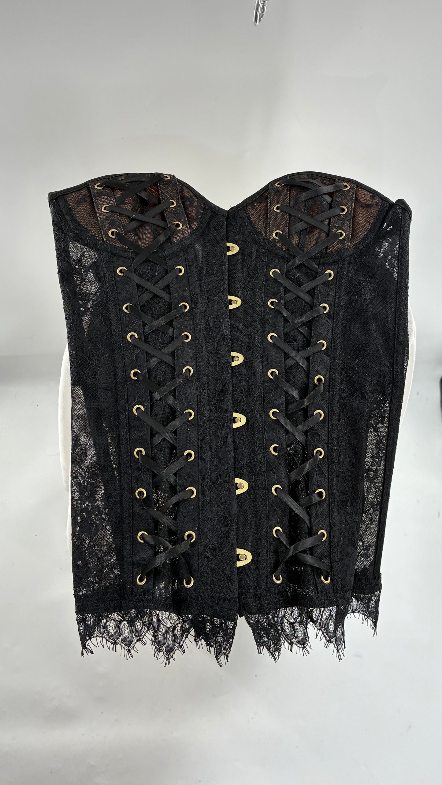 Vintage ADORE ME Lace Up Black Lace Corset with Nude Underlay (Small)