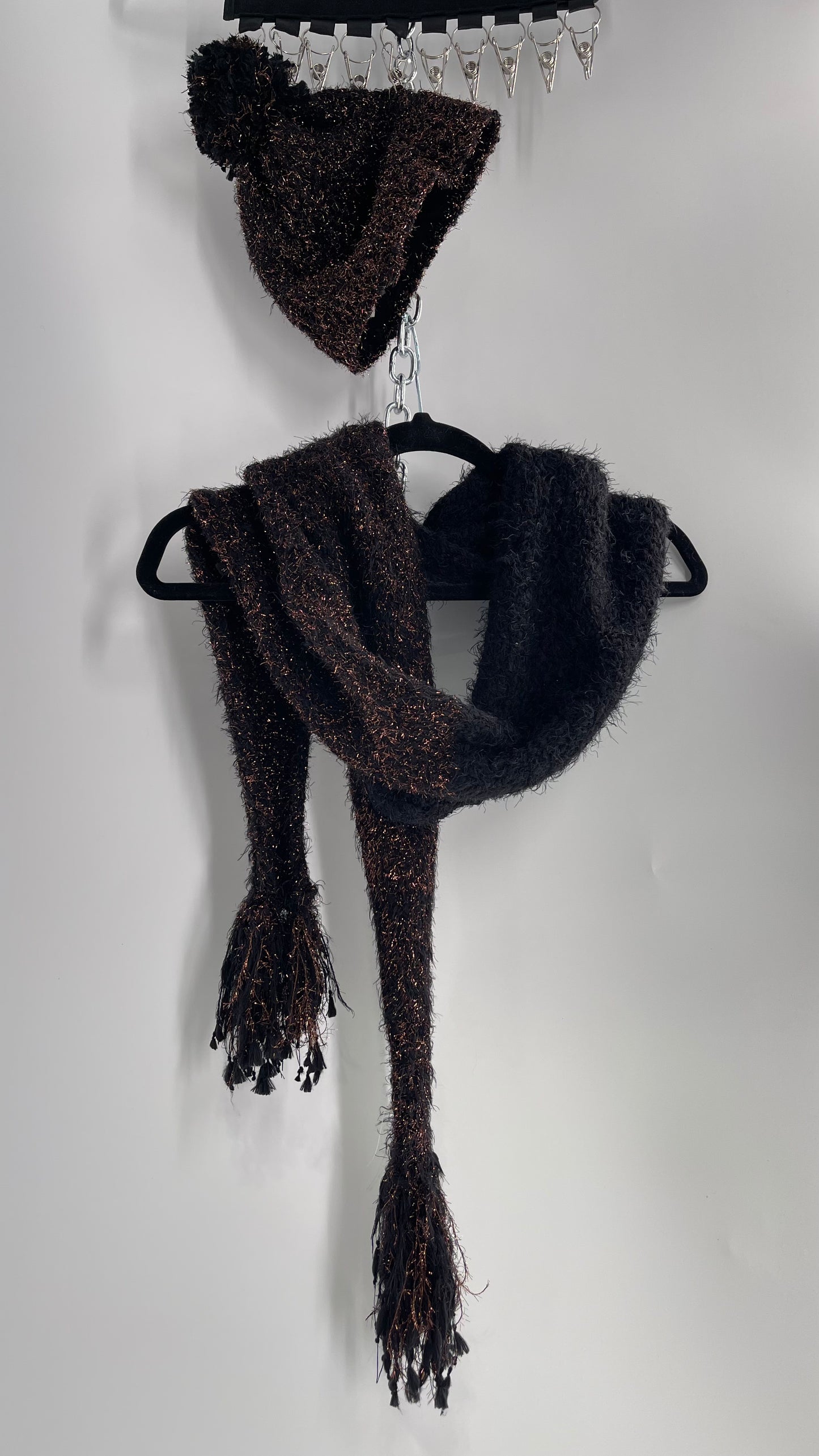 Anthropologie Bronze Tinsel Black Knit Beanie and Skinny Pom Scarf 2pc Set with Tags Attached