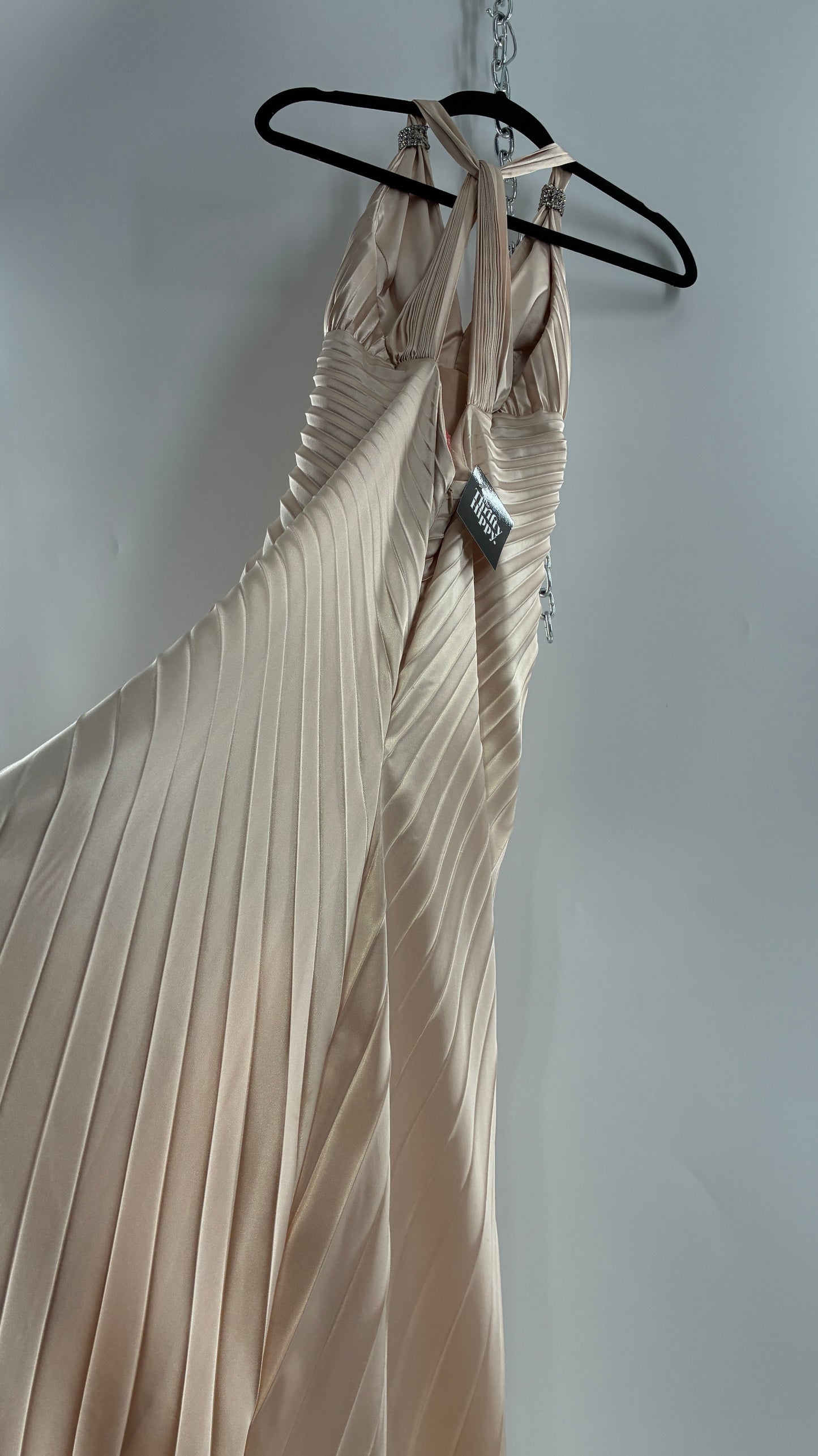 Vintage ISSUE Pleated Champagne Gown with Vented Slit Front, Crystal Bust Appliqué and Strap Cuffs (2)