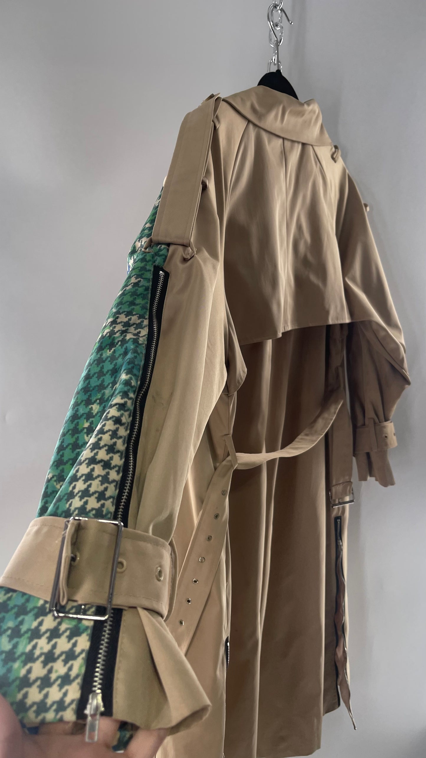 Tan Belted, Double Breasted Trench Coat with Plaid Colorful Graphics and Contrasting Black Zippers (C)(M)