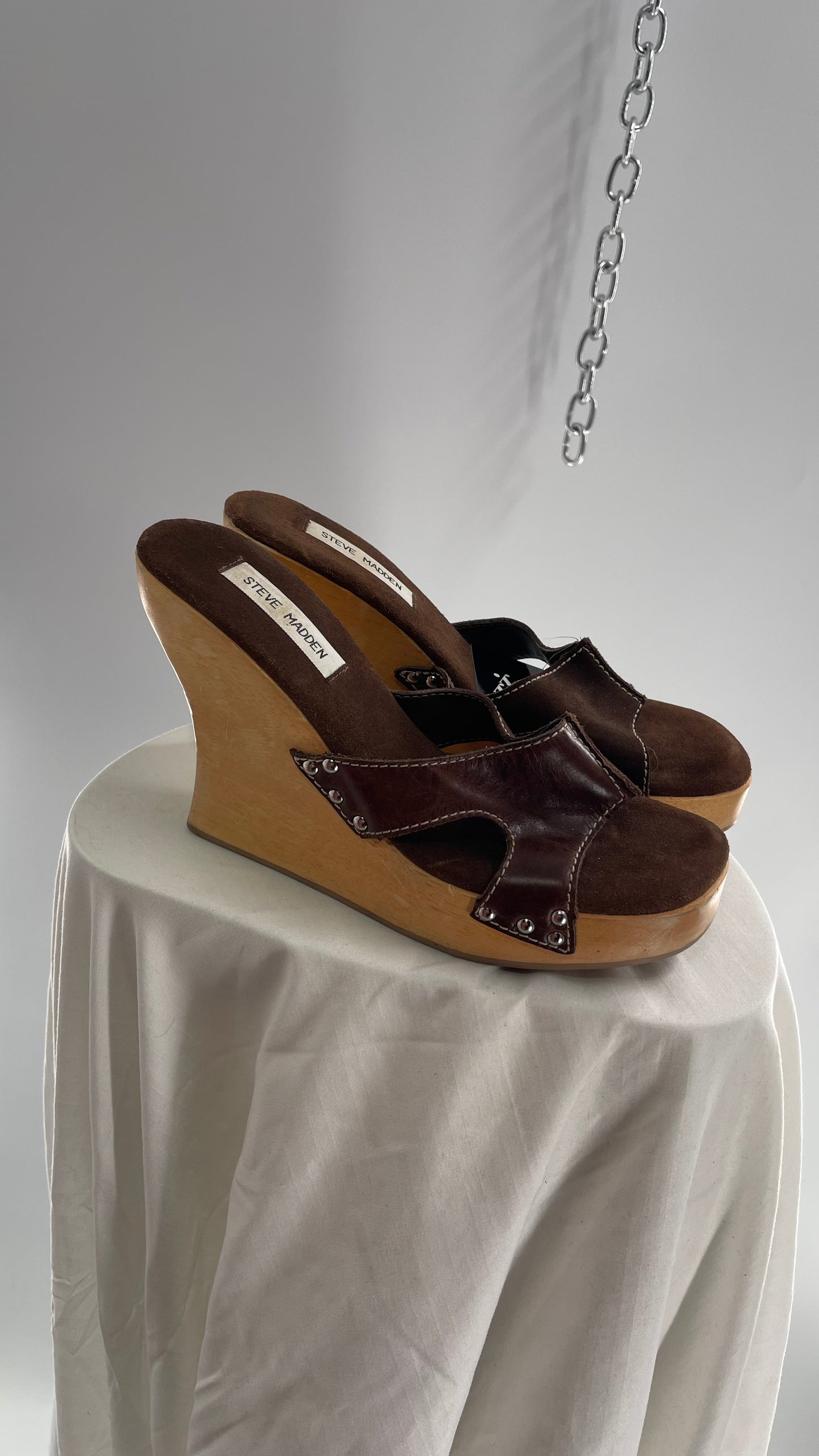 STEVE MADDEN Brown Suede Leather Strappy Wooden Wedge Heel Sandal (10)