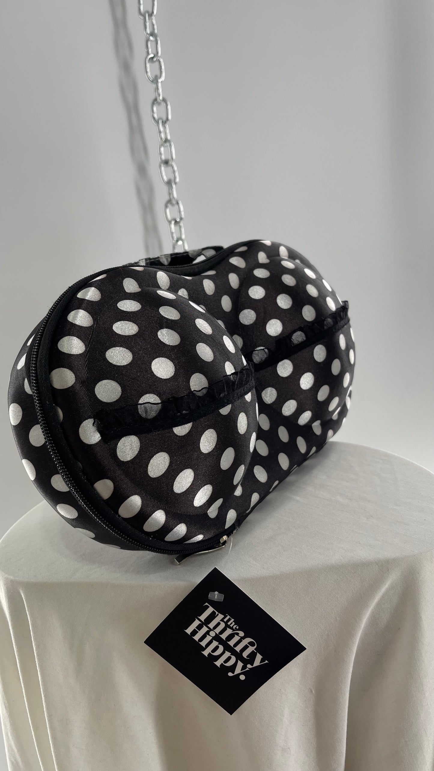 Vintage Hard Shell Black White Polka Dot Bra Bag