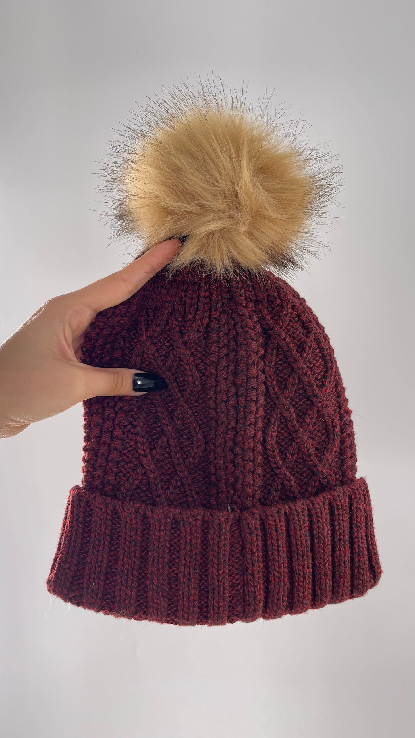 Urban Outfitters Burgundy Knit Beanie with Tan Faux Fur Pom