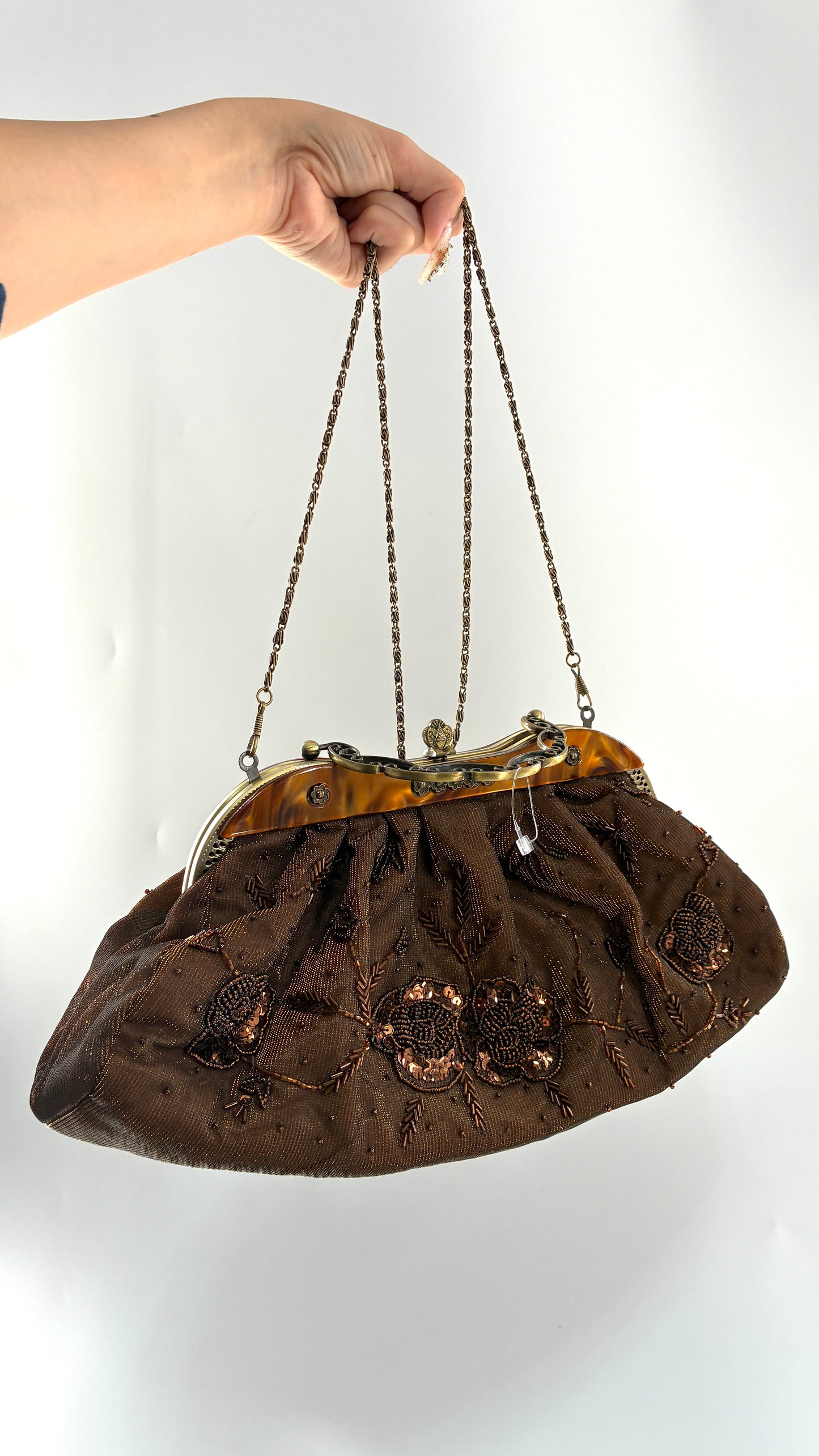 Vintage Brown Beaded and Sequin Purse with Bronze Metal Closure and Iridescent Fabric