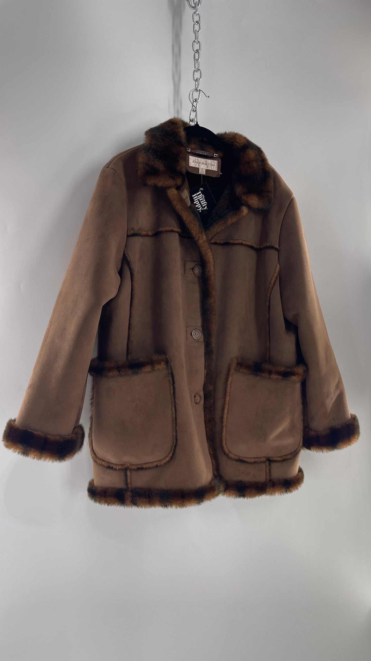 Jones New York Brown Faux Suede Jacket with Faux Fur Piping (C) (XL)