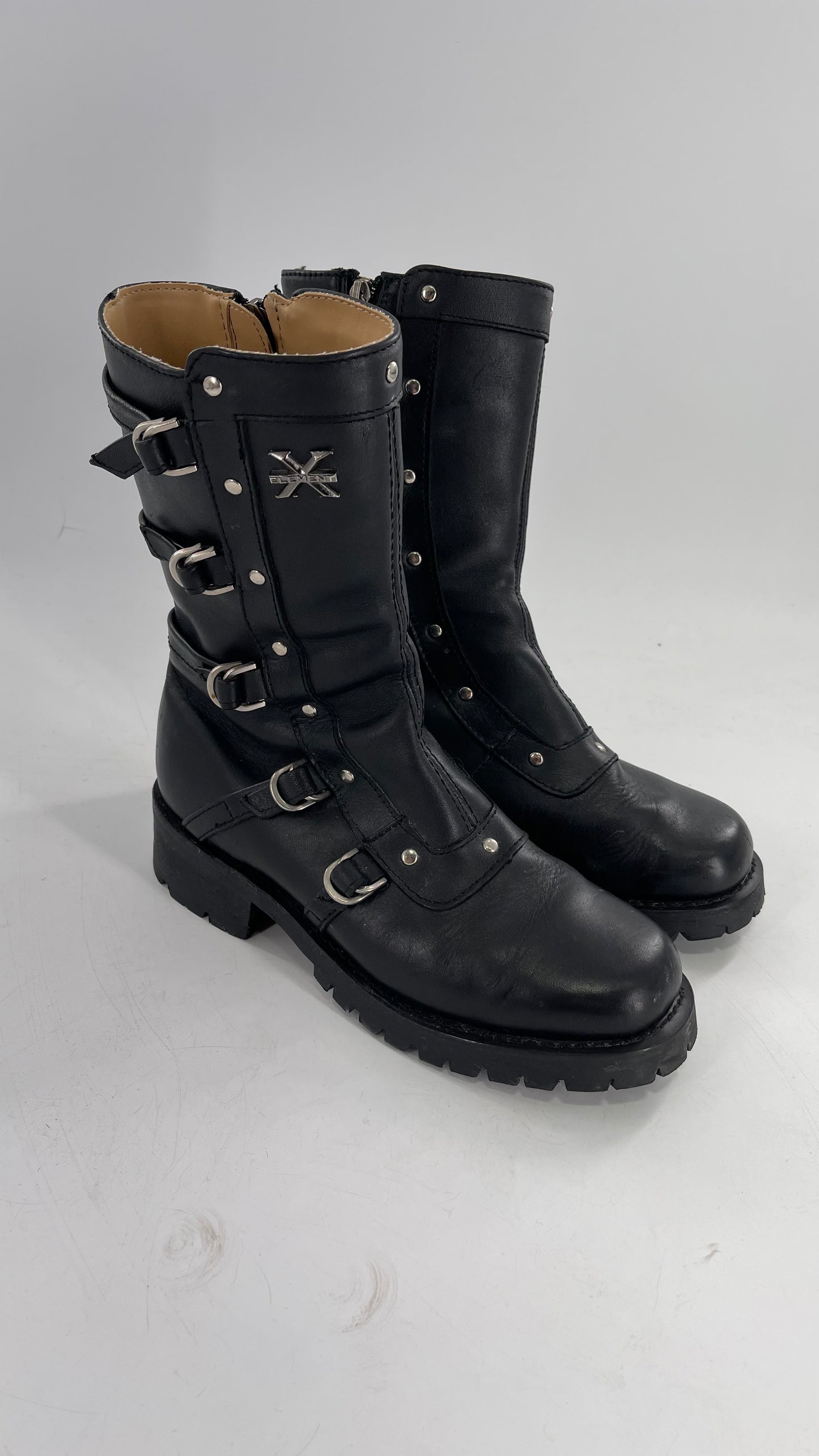 Vintage 1990s XELEMENT Buckle Side Genuine Leather Steam Punk Boots (Women’s 8.5)