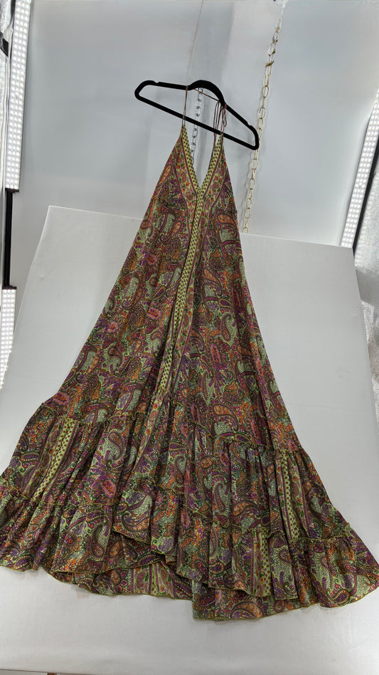 Vintage MIKV Paisley Patterned Flowy Full Length Gown with Low, Open Back Detail (OS)