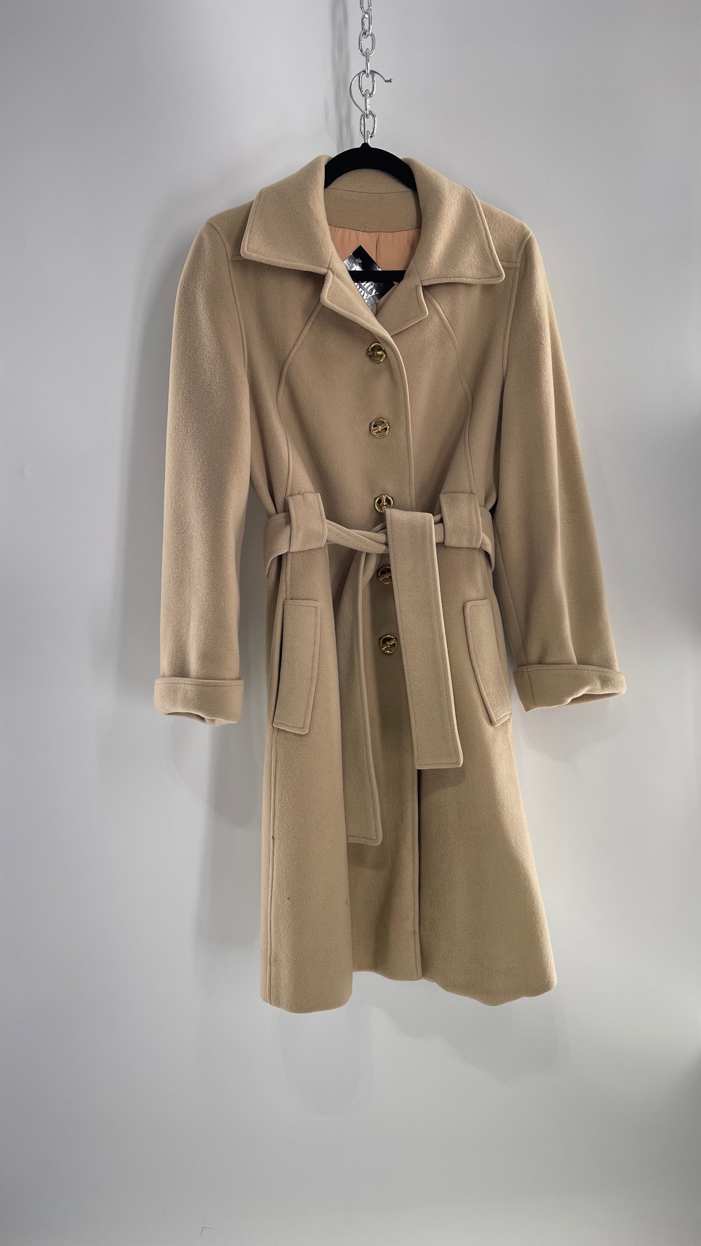 Vintage 100% Amicale Cashmere Beige Cream Coat with Apricot Satin Lining (C) (S/M)