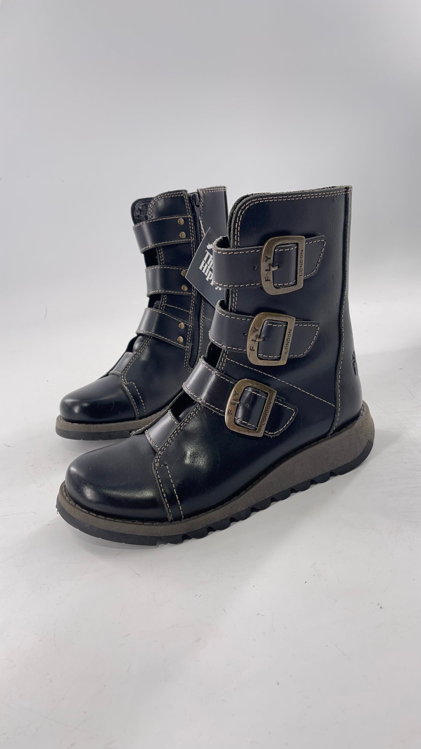 Fly London Black Zipper Side Biker Boot with Oversized Brass Buckles (38)