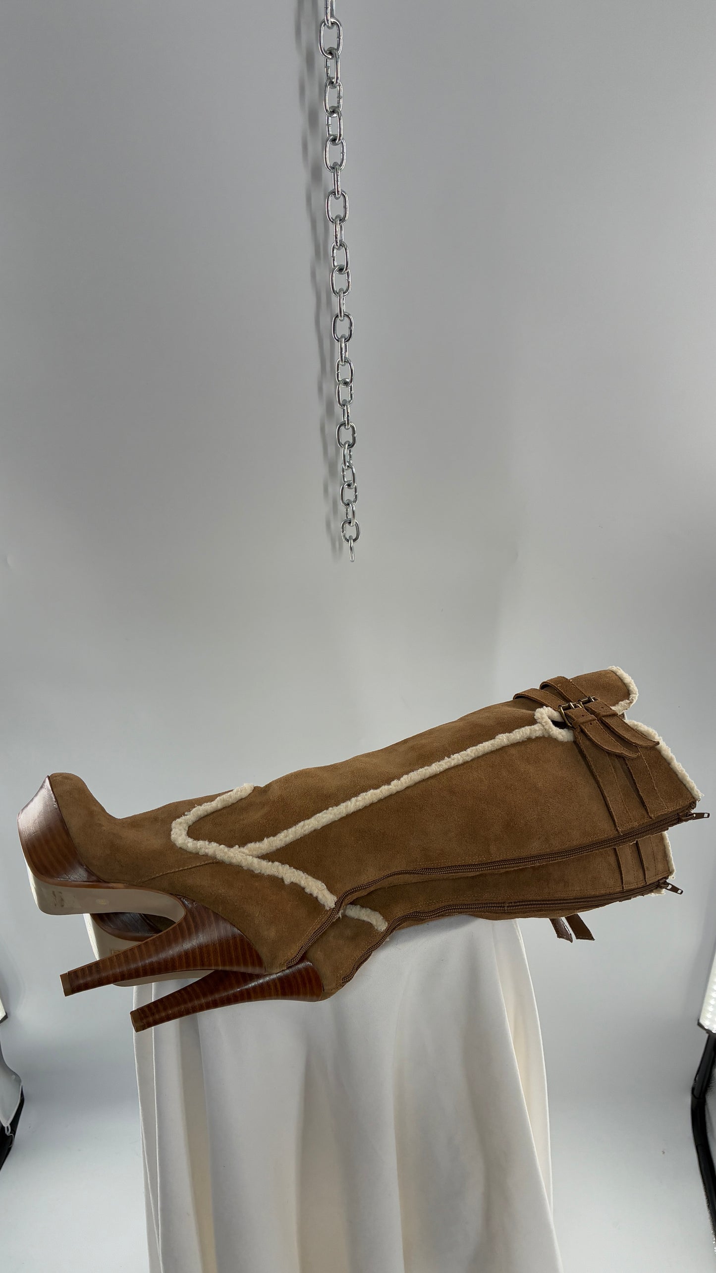 Vintage BEBE Genuine Suede Leather Stiletto, Platform Knee High Boots with Shearling Piping (8B)