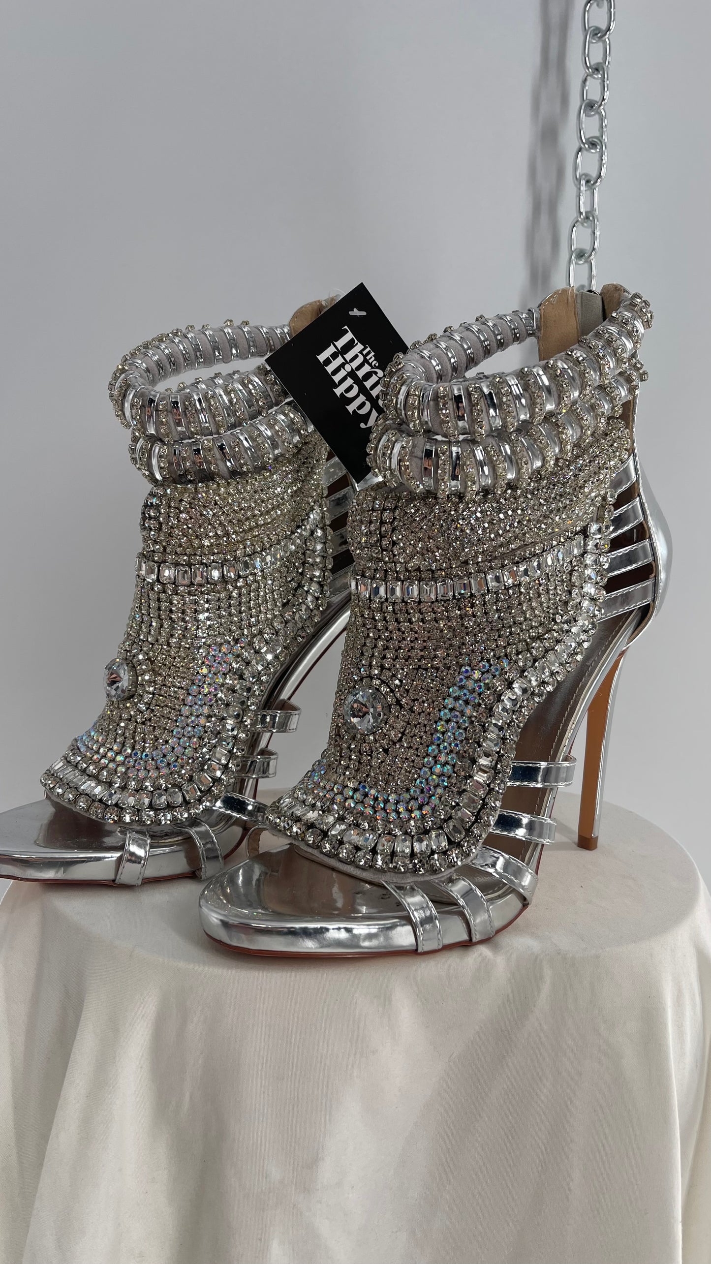 AZALEA WANG Platinum Silver Pusher Crystal Rhinestone Embellished Heel with Ankle Straps (10)