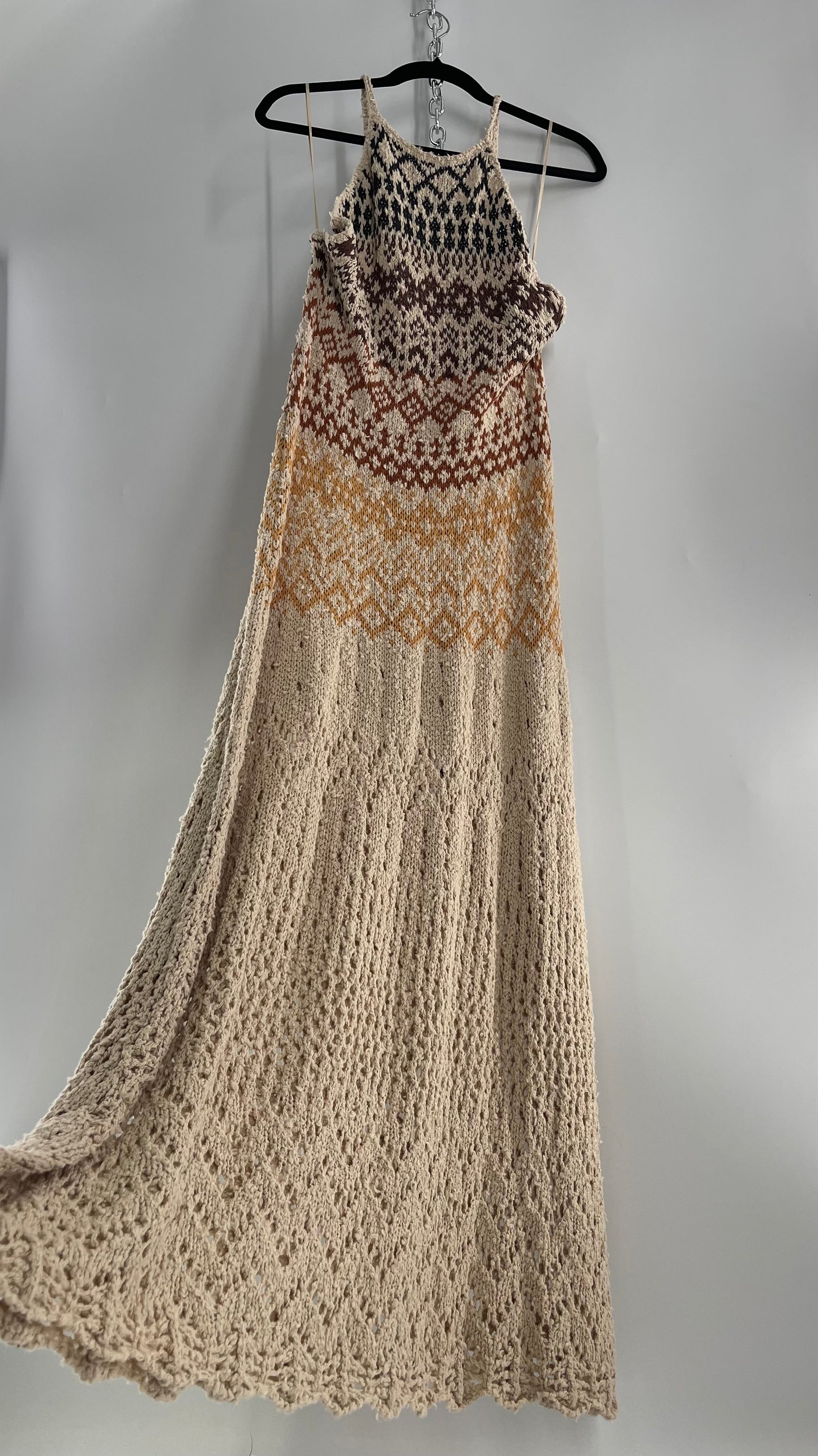 Free People Beige Ikat Oasis Knit Halter Maxi Dress (Small)