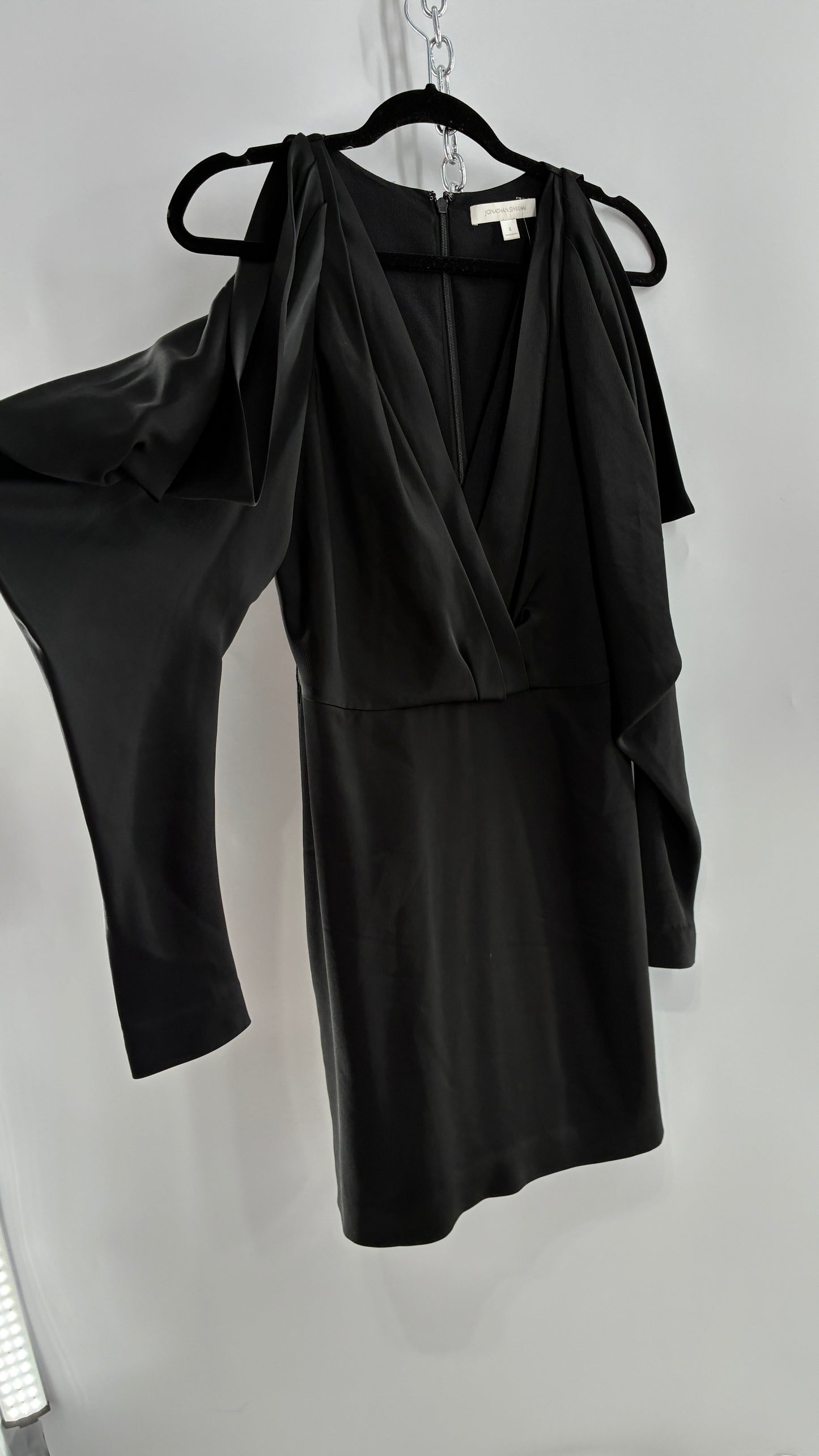 JONATHAN SIMKHAI Black Silky Mini Dress with Exaggerated, Draped Cold Shoulders (8)