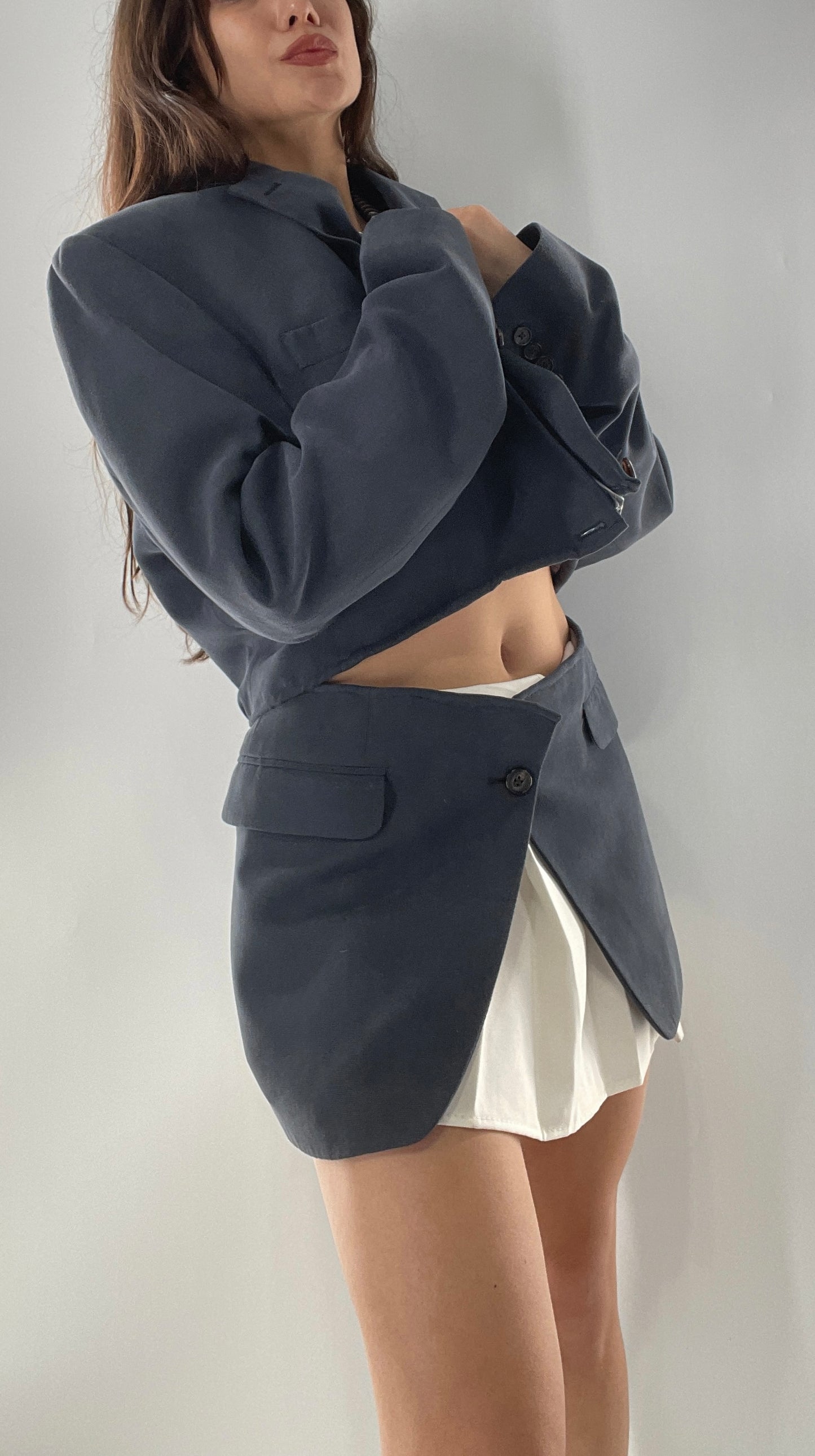 CUSTOM Handmade 2pc Suit Set Gray/Blue with Open Corset Back Skirt and Cropped Jacket (One Size)