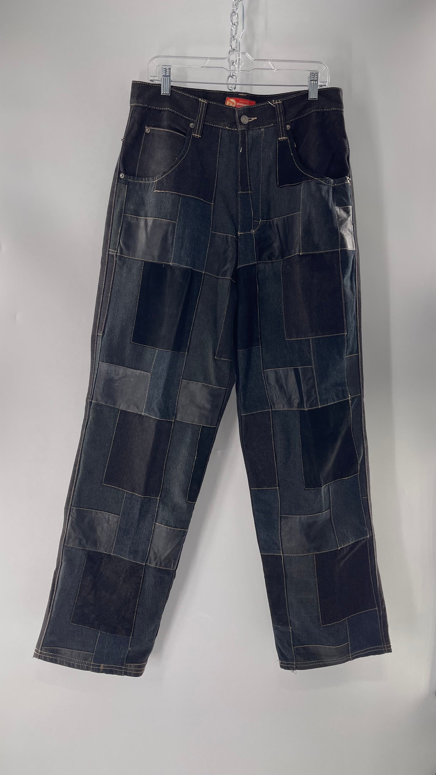 Vintage Original Davoucci Dark Wash Denim with Suede Leather Checker Patchwork Front (34x33)