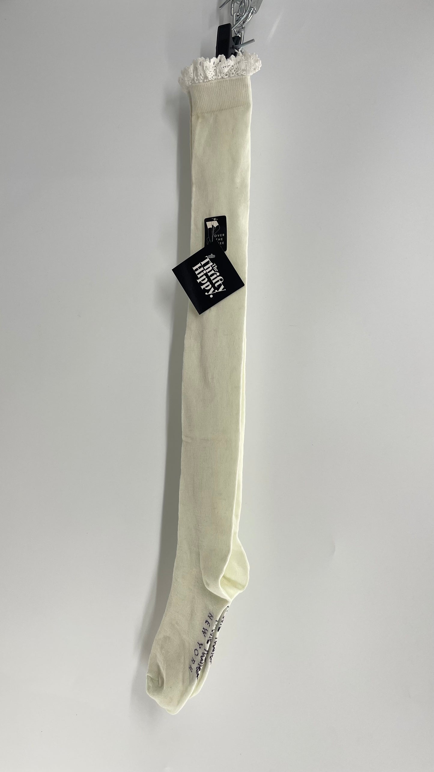 Deadstock Nicole Miller NYC Off White Thigh High Ruffle Trim Sock with Tags