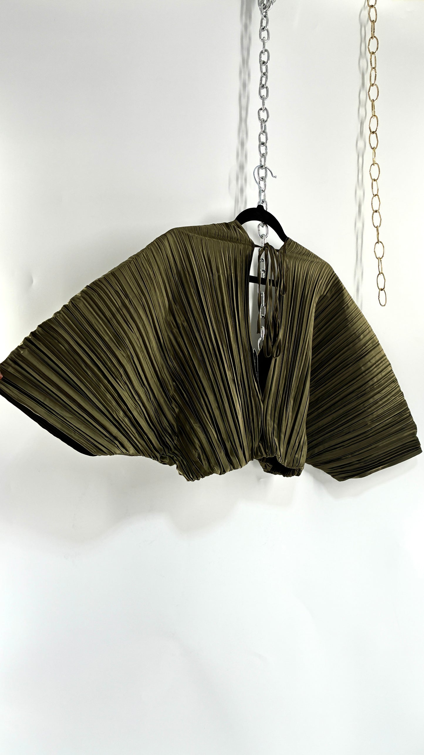 ZARA Olive Green Pleated Fanned Sleeve Top (Small)