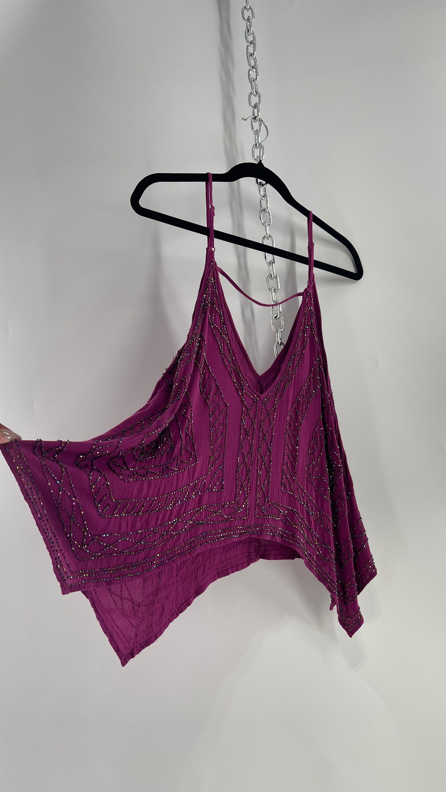 Free People Purple Beaded Handkerchief Hem Tank (Small)